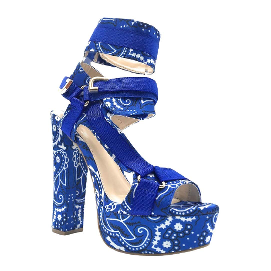 Mata Shoes Women's Open Toe Strappy Chunky Platform High Heel Sandals Blue Bandana 6.5