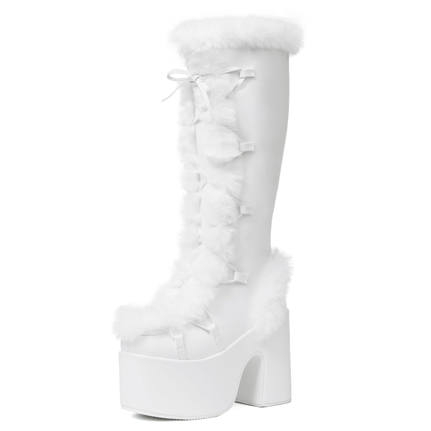 Accloris White Platform Knee High Boots For Womens Warm Faux Fur Lace Up Side Zipper Chunky Heel Punk Goth Winter Snow Mid Calf Boots Size8.5