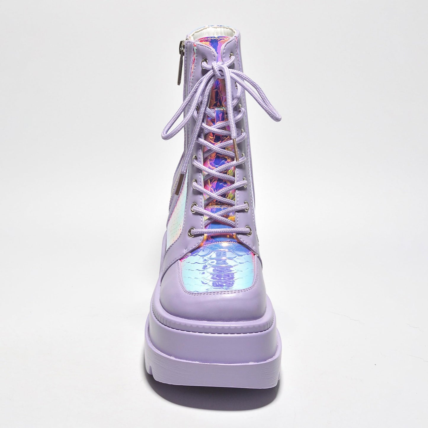 Cape Robbin Holographic Platform Ankle Boots for Women Chunky Block Heels Pointed Toe PU Leather with Buckle Strap Retro Futuristic Style (Radio) - Lilac Size 10
