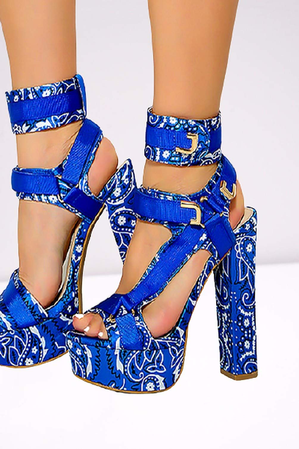 Mata Shoes Women's Open Toe Strappy Chunky Platform High Heel Sandals Blue Bandana 6.5
