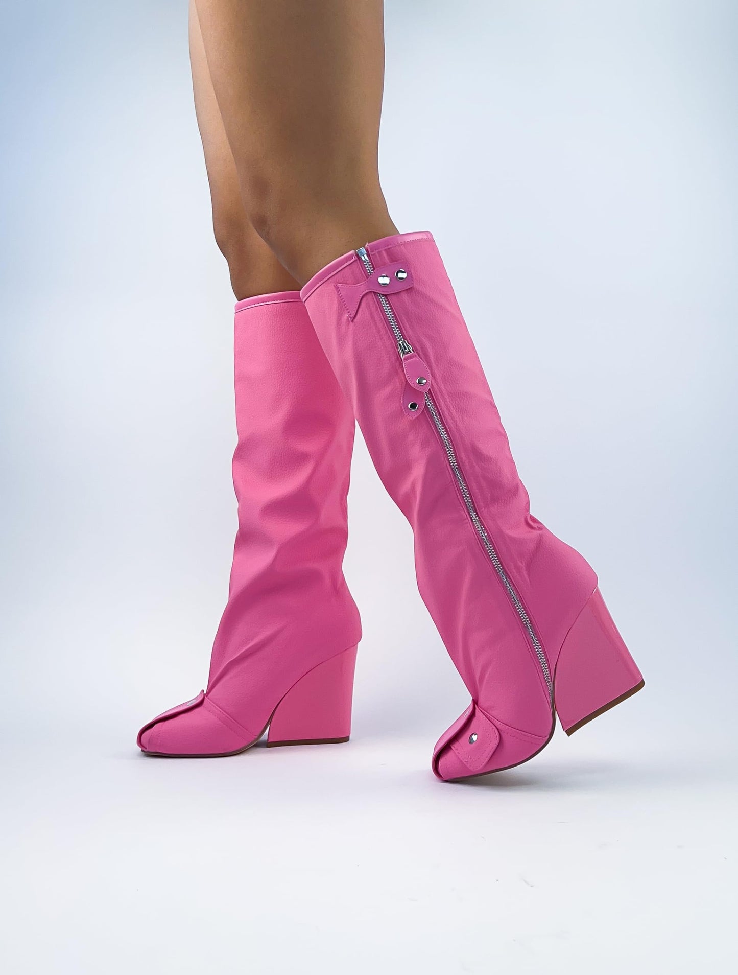 Lemonade Women's Buckle Detail Square Toe Wedge Heel Knee High Long Boot Senna Pink 7.5n