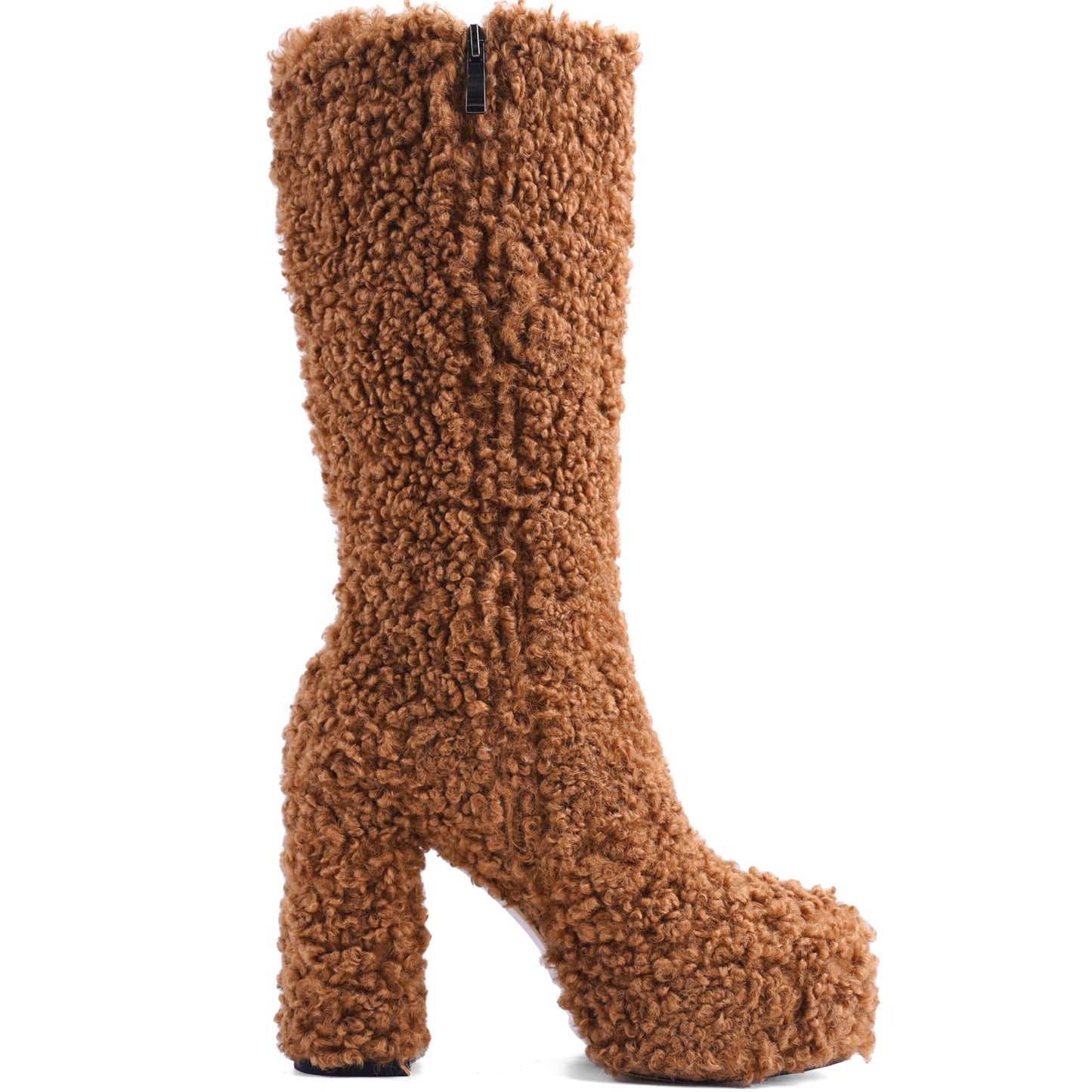 JilTrdWei Mid Calf Fluffy Furry Boots Warm Platform Chunky High Heel Pull On Boots Fashion Winter shoes-brown-6