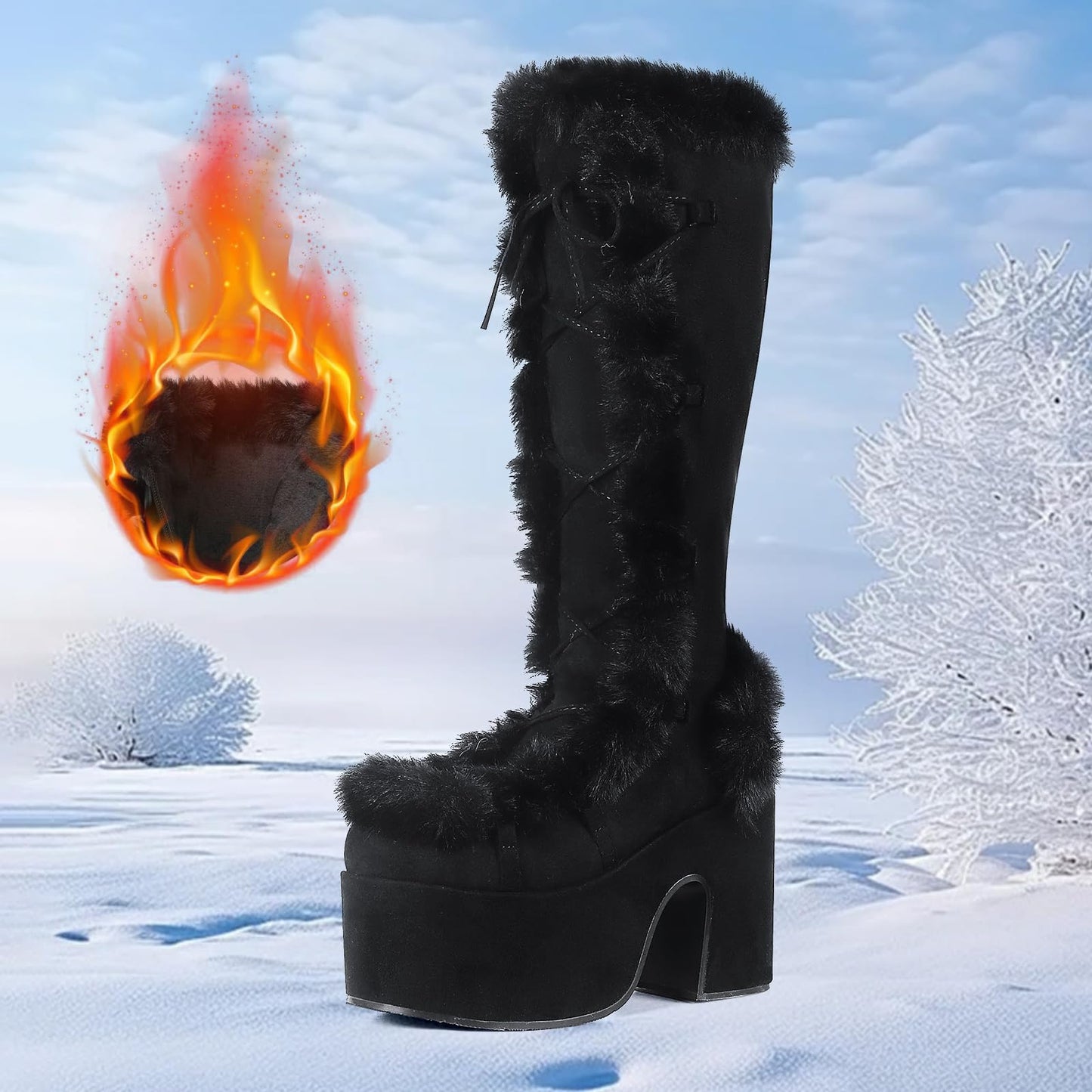 Accloris Black Platform Knee High Boots For Womens Warm Faux Fur Lace Up Side Zipper Chunky Heel Punk Goth Winter Snow Mid Calf Boots,blacksuede,size40
