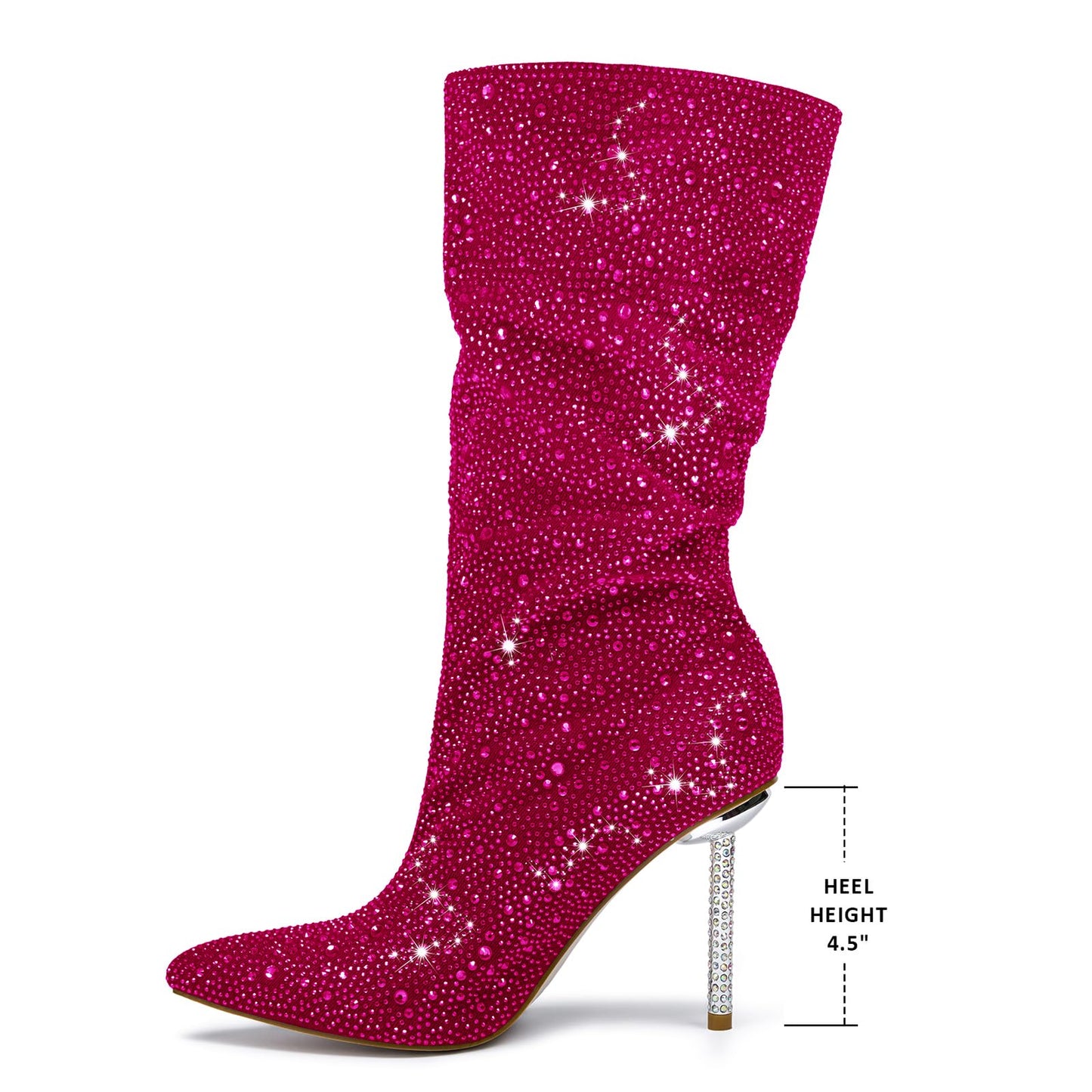 Women's Fuchsia Denim Mid Calf Boots sparkly Rhinestone Stiletto Heel Boots Western Wide Calf Short Cowboy Boots Sexy Pointed Toe dress Party Boots