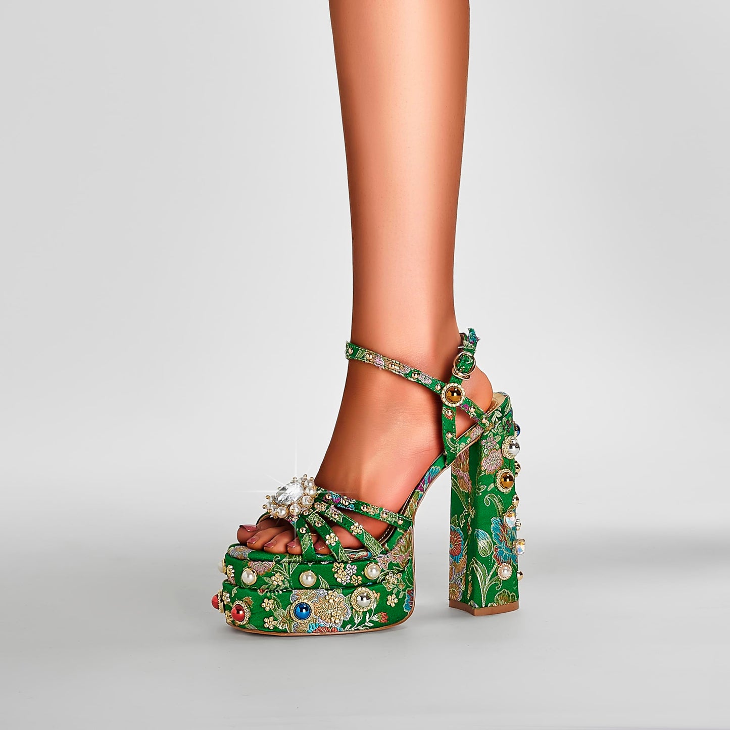Green Feinlina Women Rhinestone High Chunky Platform Heel