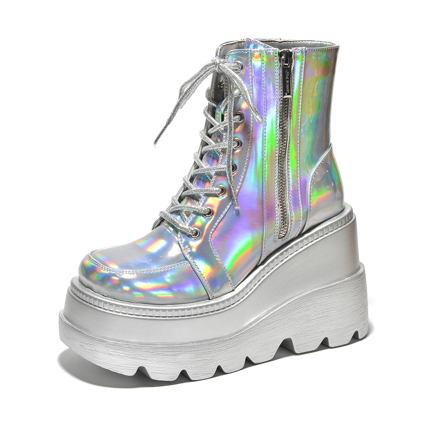 Cape Robbin Holographic Platform Ankle Boots for Women Chunky Block Heels Pointed Toe PU Leather with Buckle Strap Retro Futuristic Style (Radio) - Holographic Size 11