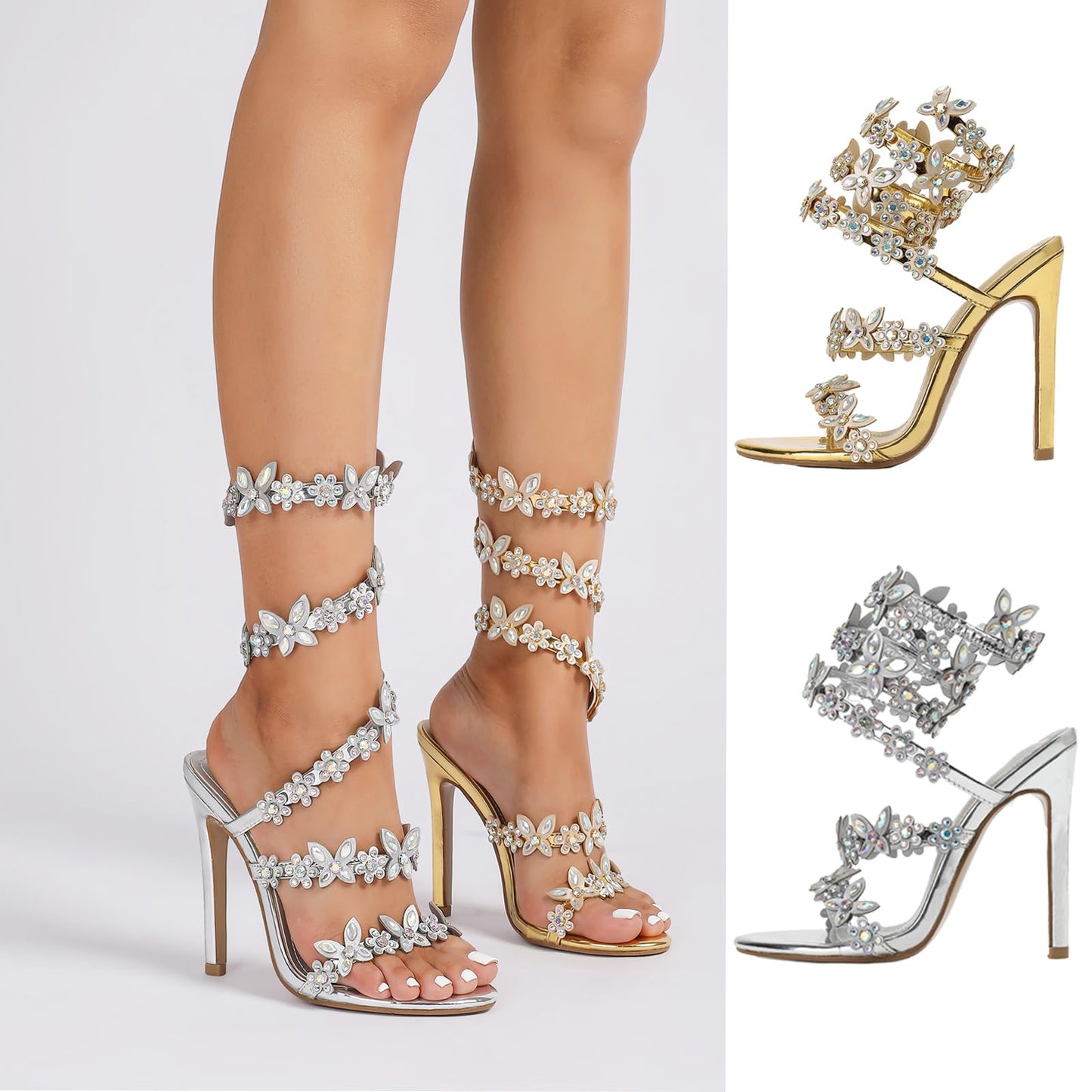 Rhineshell Women's Diamante High Heels Sparkly Spiral Wrap Up Strappy Heeled Sandals Round Open Toe Faux Leather Stilettos Rhinestones Studded Party Dress Shoes Silver Size 9