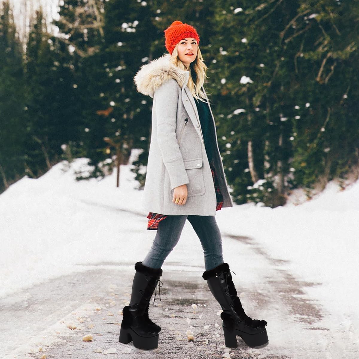Accloris Black Platform Knee High Boots For Womens Warm Faux Fur Lace Up Side Zipper Chunky Heel Punk Goth Winter Snow Mid Calf Boots Size8.5