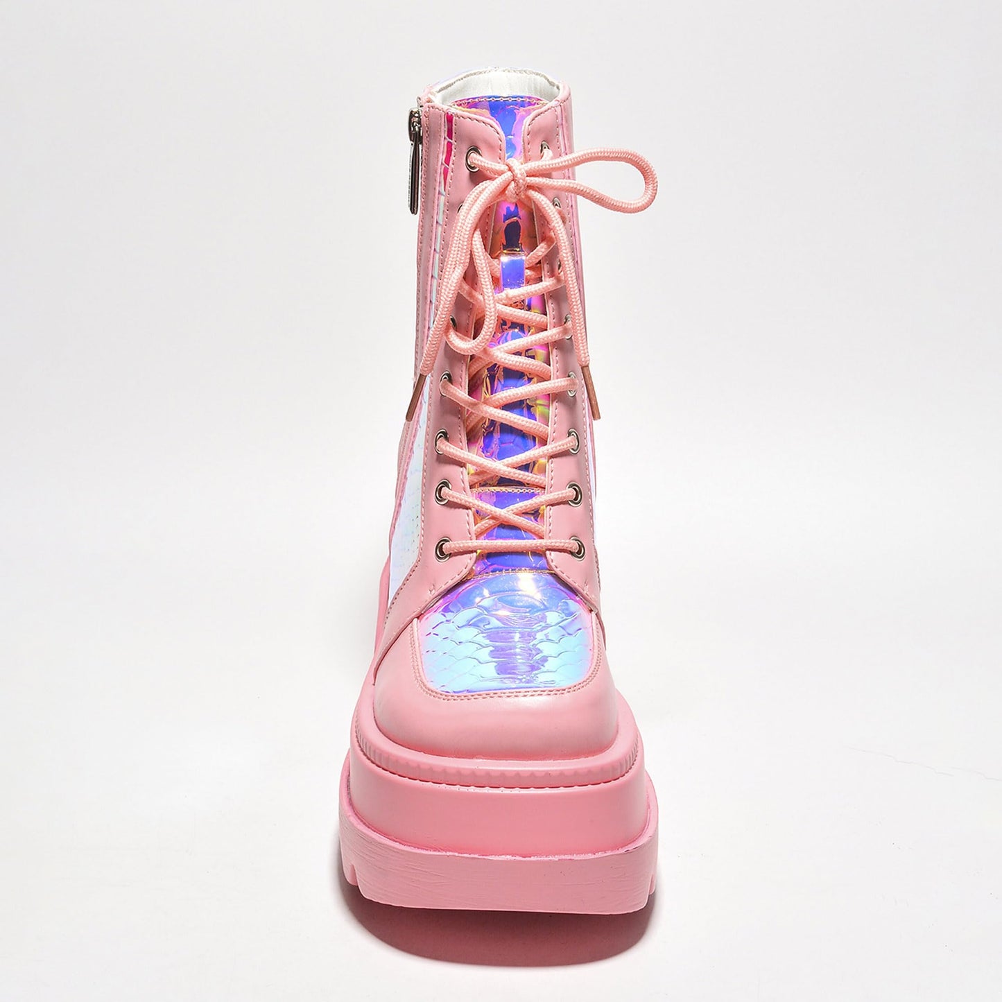 Cape Robbin Holographic Platform Ankle Boots for Women Chunky Block Heels Pointed Toe PU Leather with Buckle Strap Retro Futuristic Style (Radio) - Pink Size 9