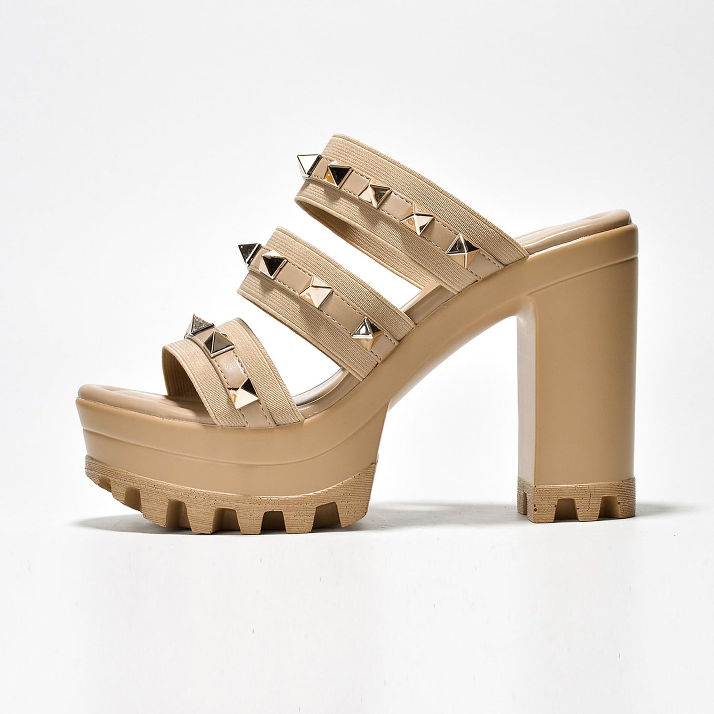 Cape Robbin Women's Spiky Platform Sandals - Slip-On Chunky Heels with Silver Stud Straps (Tinley) - Nude Size 7