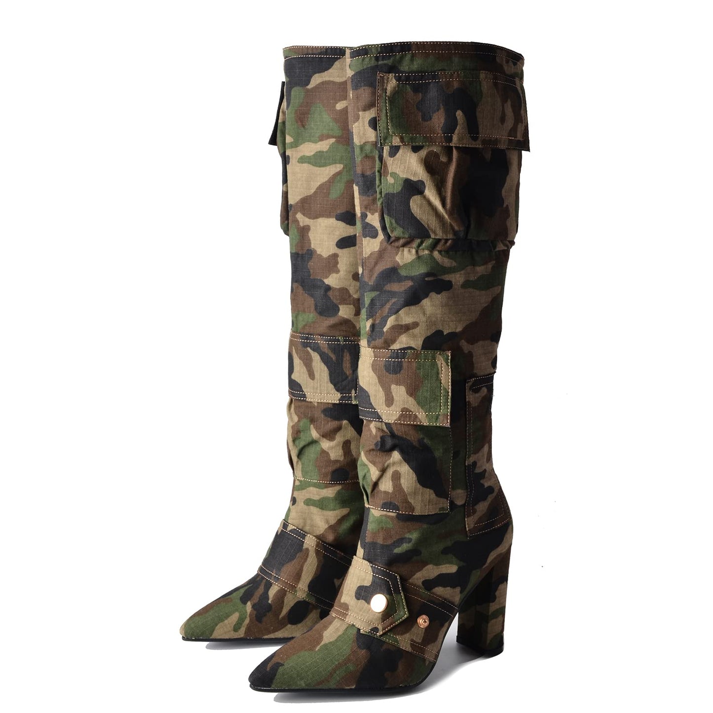 Arqa Women's Camo Knee High Boots Pointed Toe Block Heel Camouflage Boot with Metal Buttons Multiple Pockets Boot