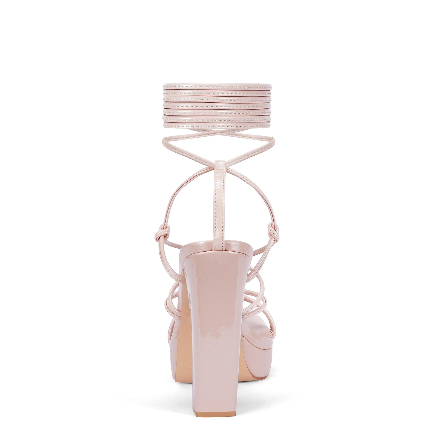 Elisabet Tang Women's Strappy Heeled Sandals, 5 inch Platform Heels Chunky Lace up High Heels Open Toe Party Shoes Nude Patent Size 9.5