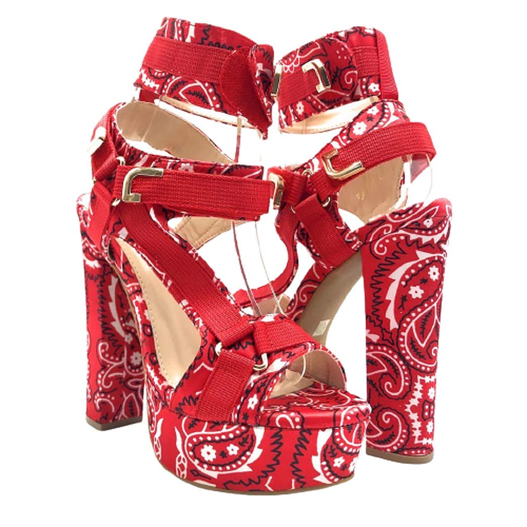 Mata Shoes Women's Open Toe Strappy Chunky Platform High Heel Sandals Red Bandana 6.5