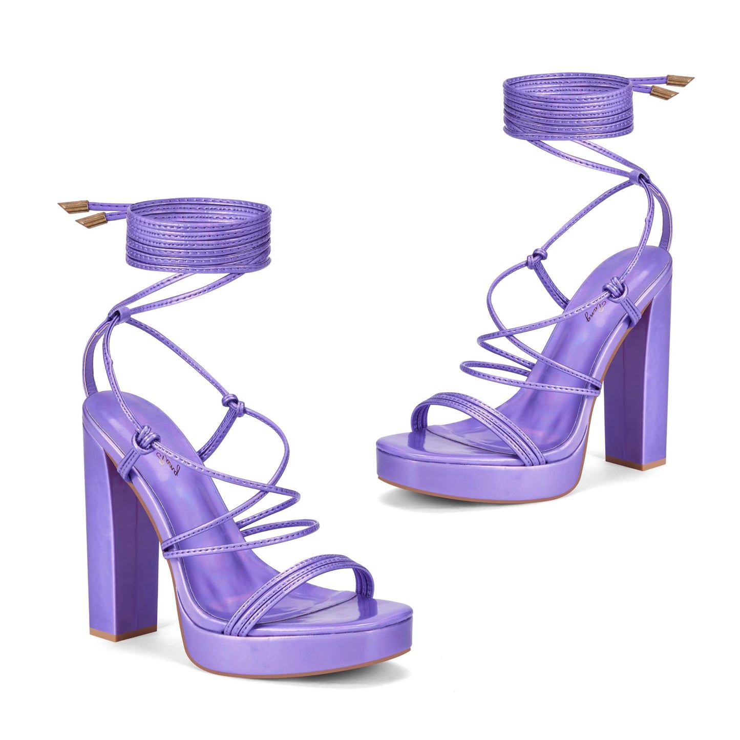 Elisabet Tang Women's Strappy Heeled Sandals, 5 inch Platform Heels Chunky Lace up High Heels Open Toe Party Shoes Purple Holographic Size 10