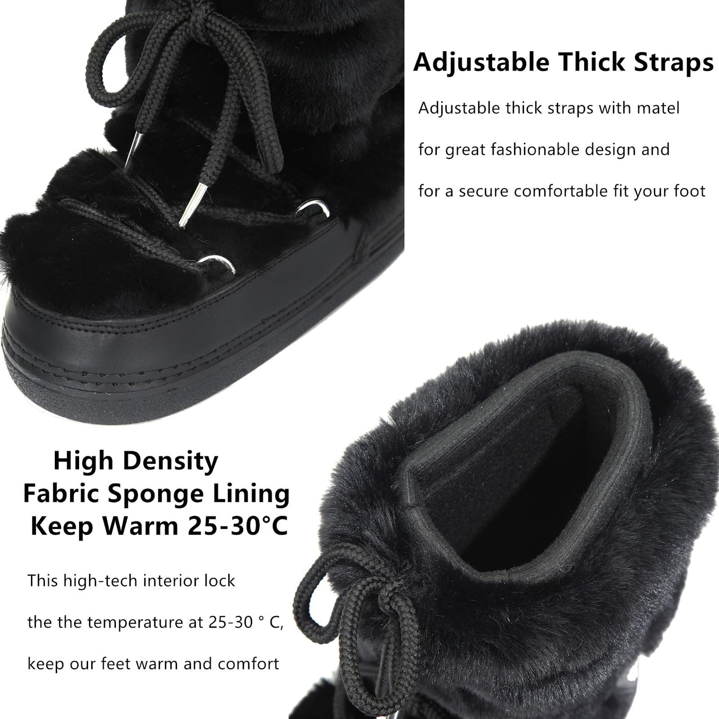 ZHENAIYISHENG Faux Fur Boots for Women - Fuzzy Fluffy Furry Water Resistant Snow Boots for Women - Anti-Slip with Cotton Sponge Lined and TPR Rubber Sole Black White Fur Boots black,