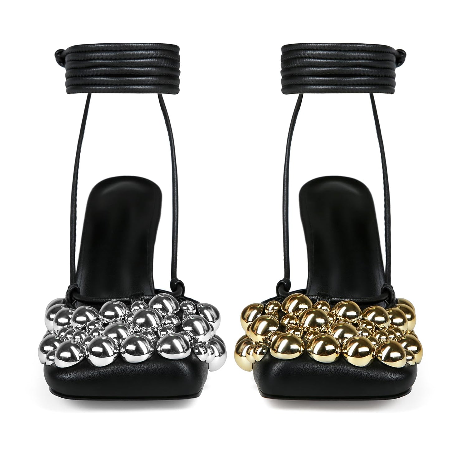 Saint Leia Women's 4IN High Heel Sandals Nude Stiletto Pumps with Gold Silver Pearls Heels for Weddings Parties and Evening Wear (Black Gold Silver,