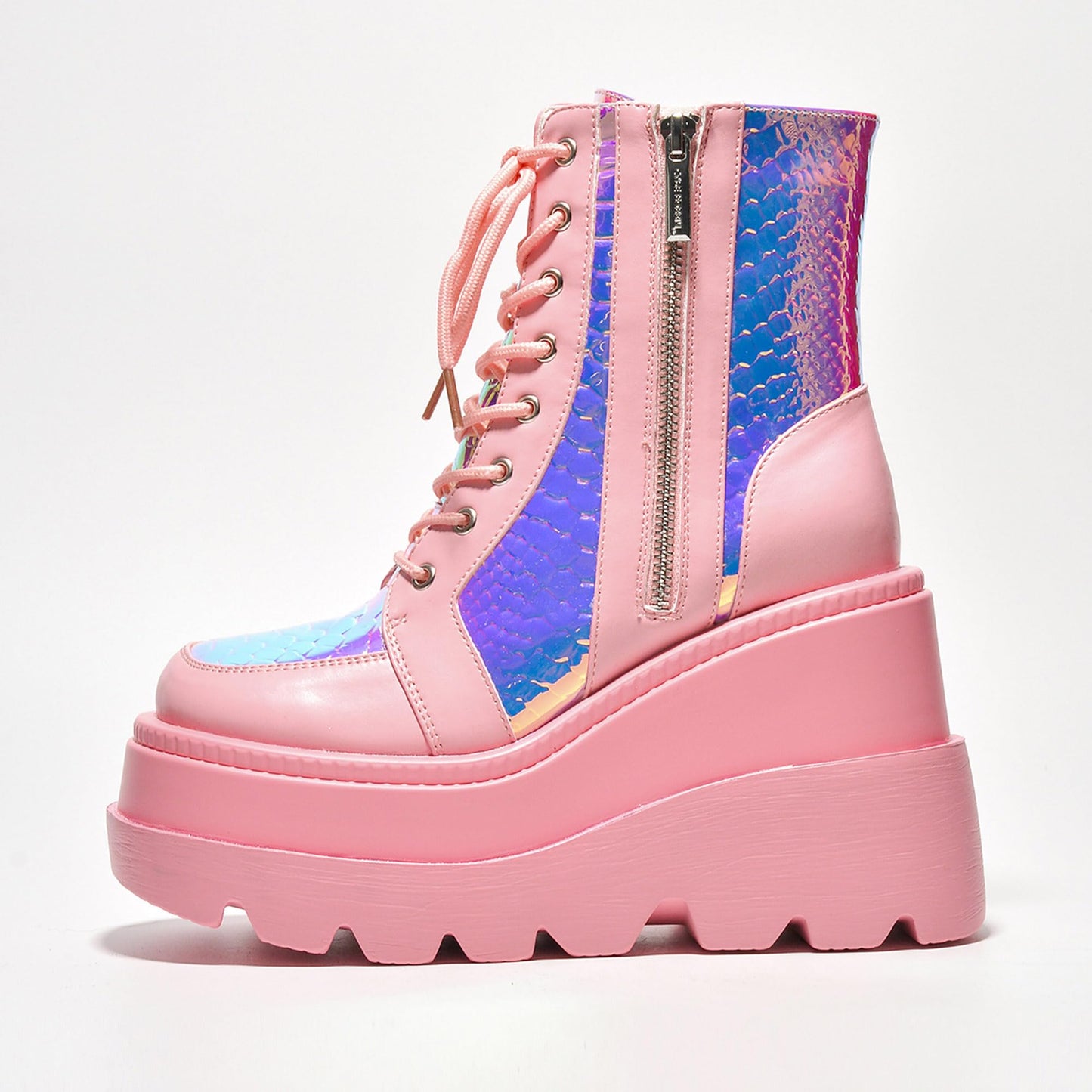 Cape Robbin Holographic Platform Ankle Boots for Women Chunky Block Heels Pointed Toe PU Leather with Buckle Strap Retro Futuristic Style (Radio) - Pink Size 9