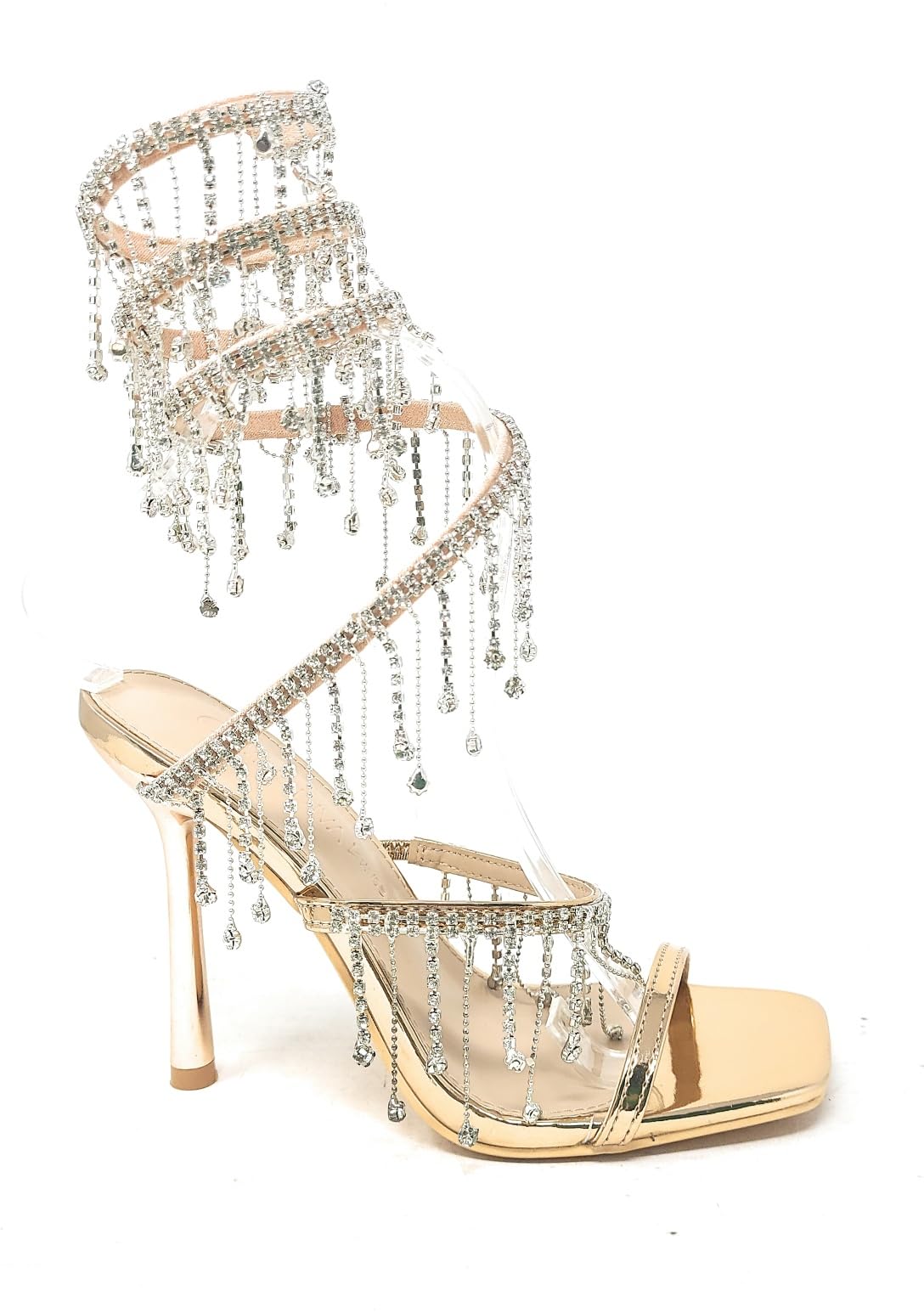 Wild Diva Women's Narala-51 Chandelier Embellished Rhinestone Spiral Coil Wrap Around Stiletto Heels (Rose Gold PU, US Footwear Size System, Adult, Women, Numeric, Medium, 8)