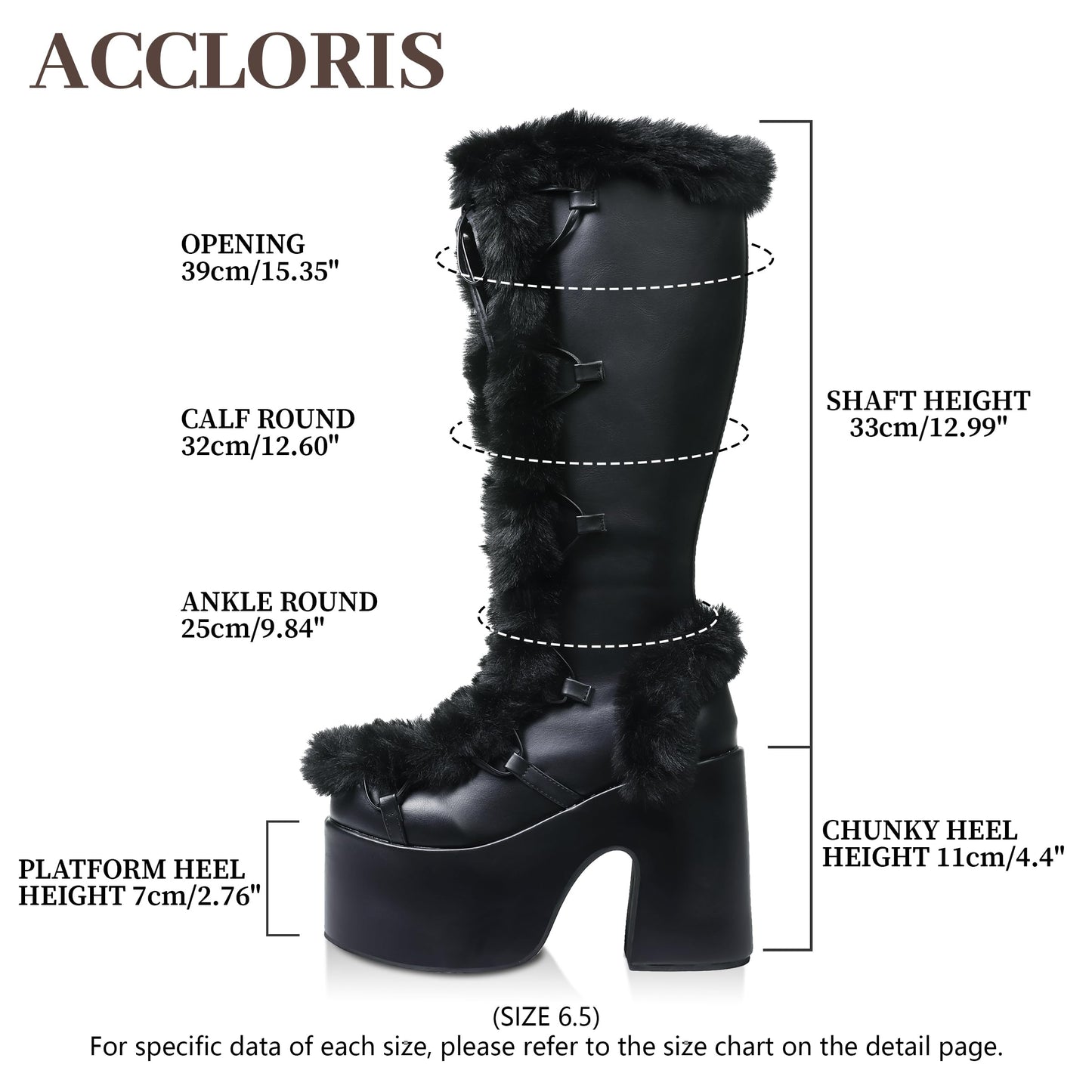 Accloris Black Platform Knee High Boots For Womens Warm Faux Fur Lace Up Side Zipper Chunky Heel Punk Goth Winter Snow Mid Calf Boots Size8.5