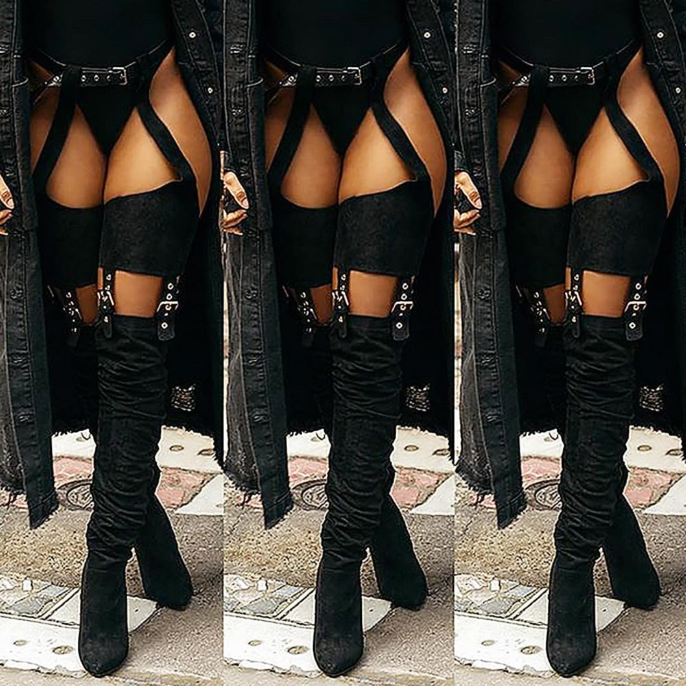 HiColor Women's Belted Pointed Toe high Boots Striking Buckle Strap Fashion thick Heel Thigh high Boot(Black US11)
