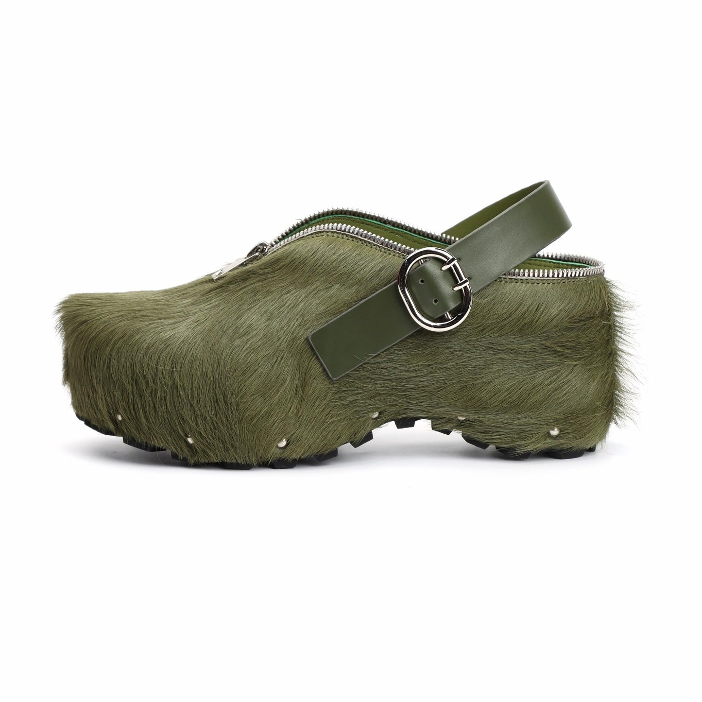 XOBZJH Women’s Natural Cow Print Fur Platform Clogs with Decorative Zipper & Adjustable Buckle Strap – Western Slip-On Punk Rivet Mules with Arch Support, Chunky Retro Rustic Style