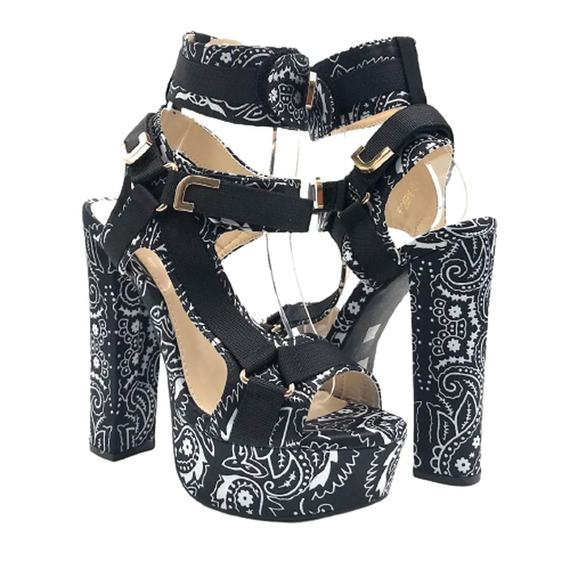 Mata Shoes Women's Open Toe Strappy Chunky Platform High Heel Sandals Black Bandana 6