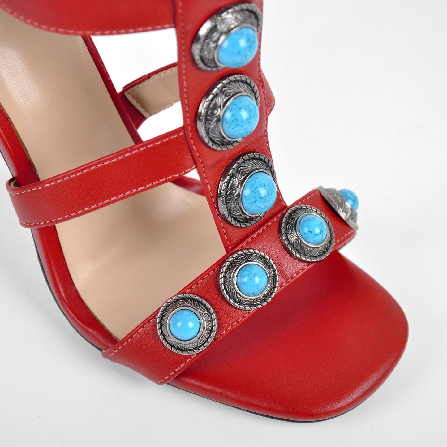 MissHeel Knee High Strappy Heel for Women Red Knee-High Gladiator-Heels Turquoise High-Heel Sandals with Jewelry Size 5