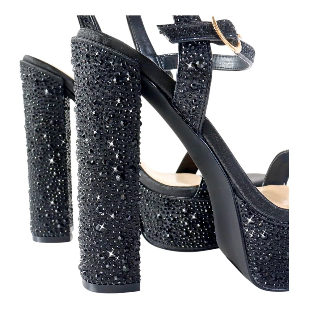 Liliana Womens Rhinestones Ankle Strap Chunky High Heels Sandals Fabiosa Black 7