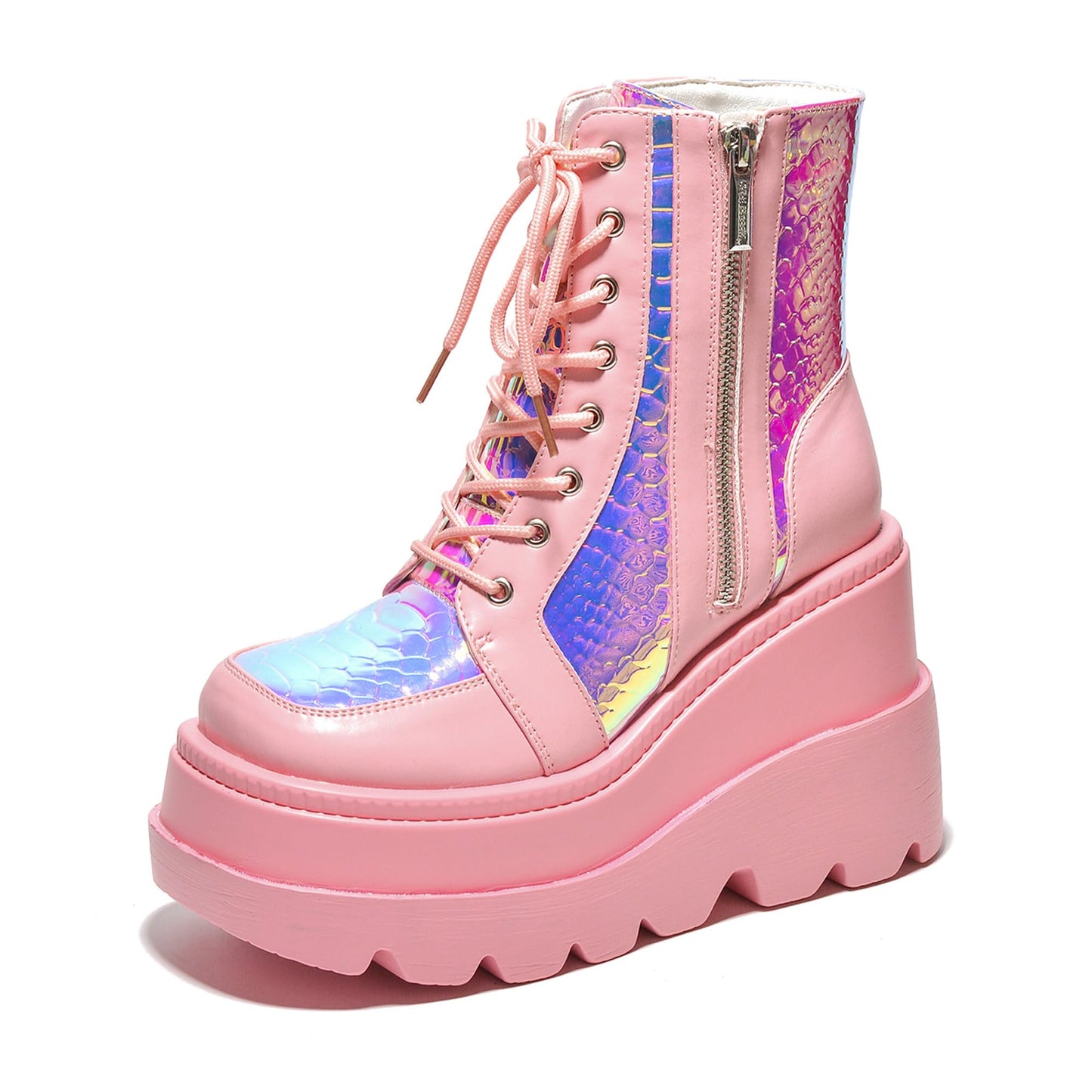 Cape Robbin Holographic Platform Ankle Boots for Women Chunky Block Heels Pointed Toe PU Leather with Buckle Strap Retro Futuristic Style (Radio) - Pink Size 9