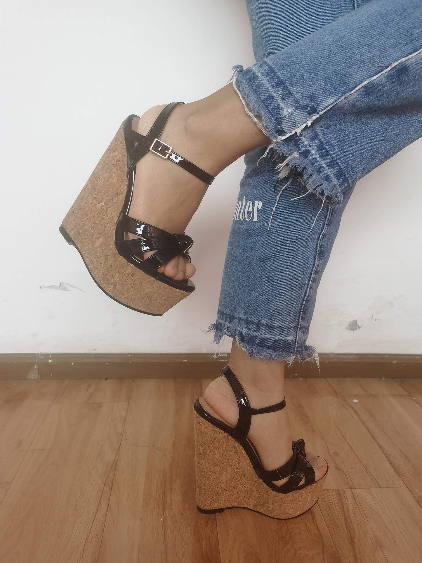YODEKS Womens Black Wedges Heel Open Toe Sandals Cork Wedge Heel Platform Ankle Strap Fashion Summer Sandals 8 M US