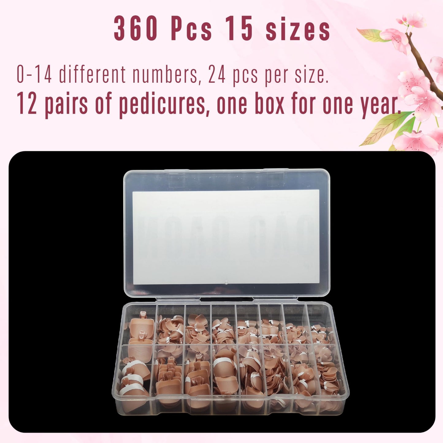NOVO OVO Fake Toe Nail Tips Press on, French Tip Soft Gel Toenail Extension, BROWN PINK Square Round Pre-applied Tip Primer & Base Coat, Full Cover Matte False Nails for DIY x 15 Sizes 360Pcs
