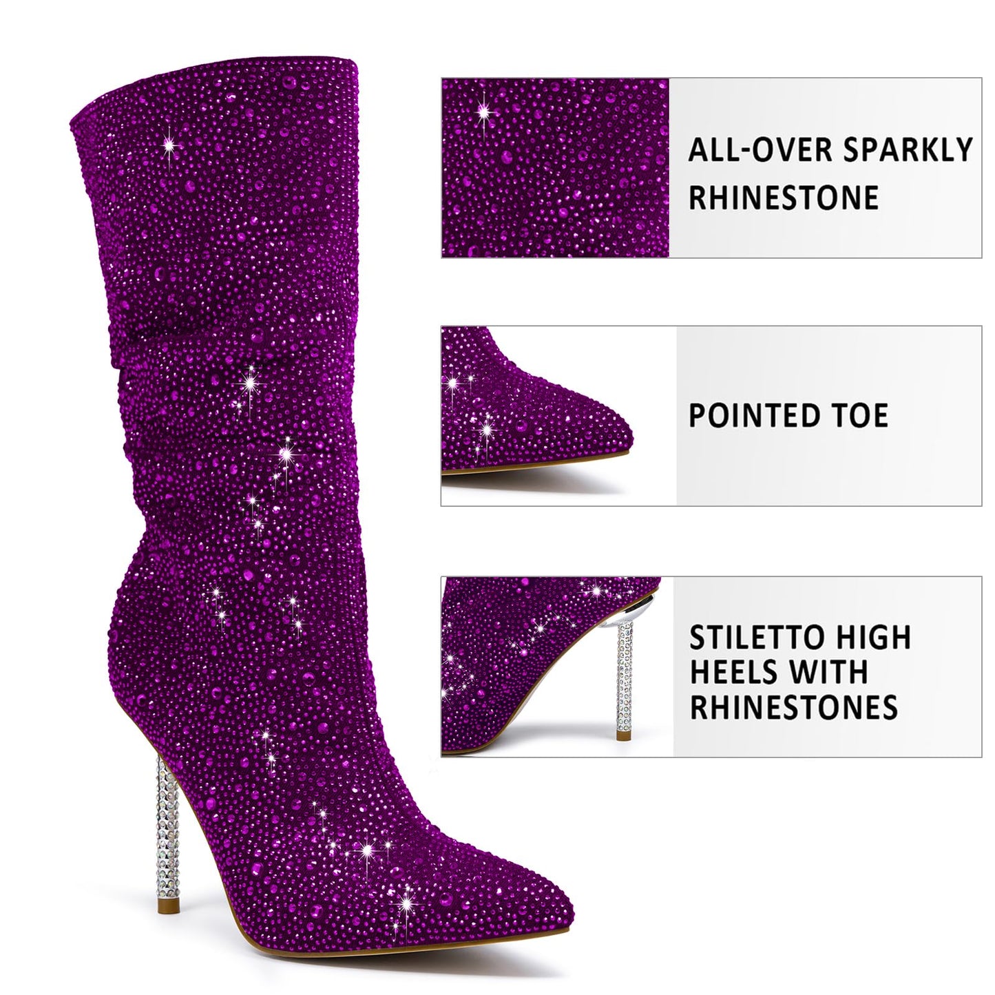 driceic Women's Purple Mid Calf Boots sparkly Rhinestone Stiletto Heel Boots Western Wide Calf Short Cowboy Boots Sexy Pointed Toe dress Party Boots