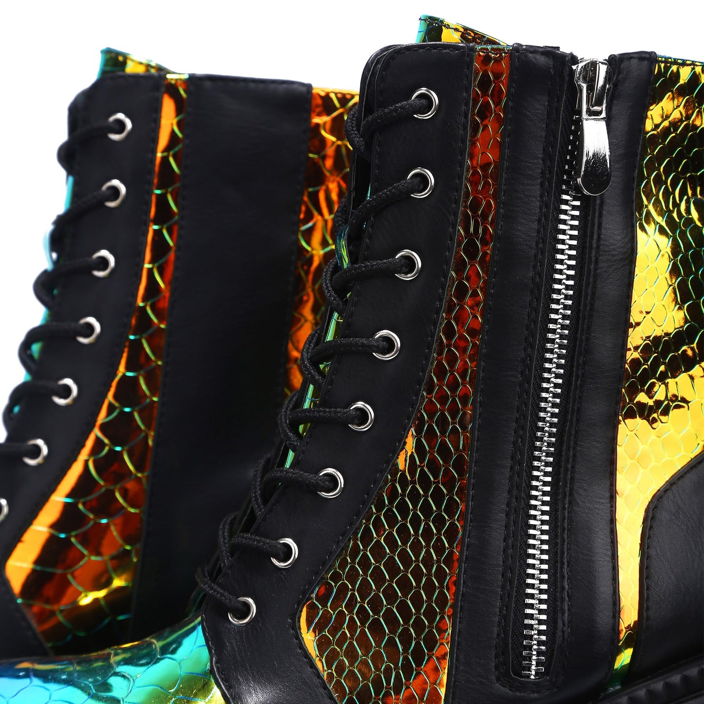 Cape Robbin Holographic Platform Ankle Boots for Women Chunky Block Heels Pointed Toe PU Leather with Buckle Strap Retro Futuristic Style (Radio) - Black Size 10