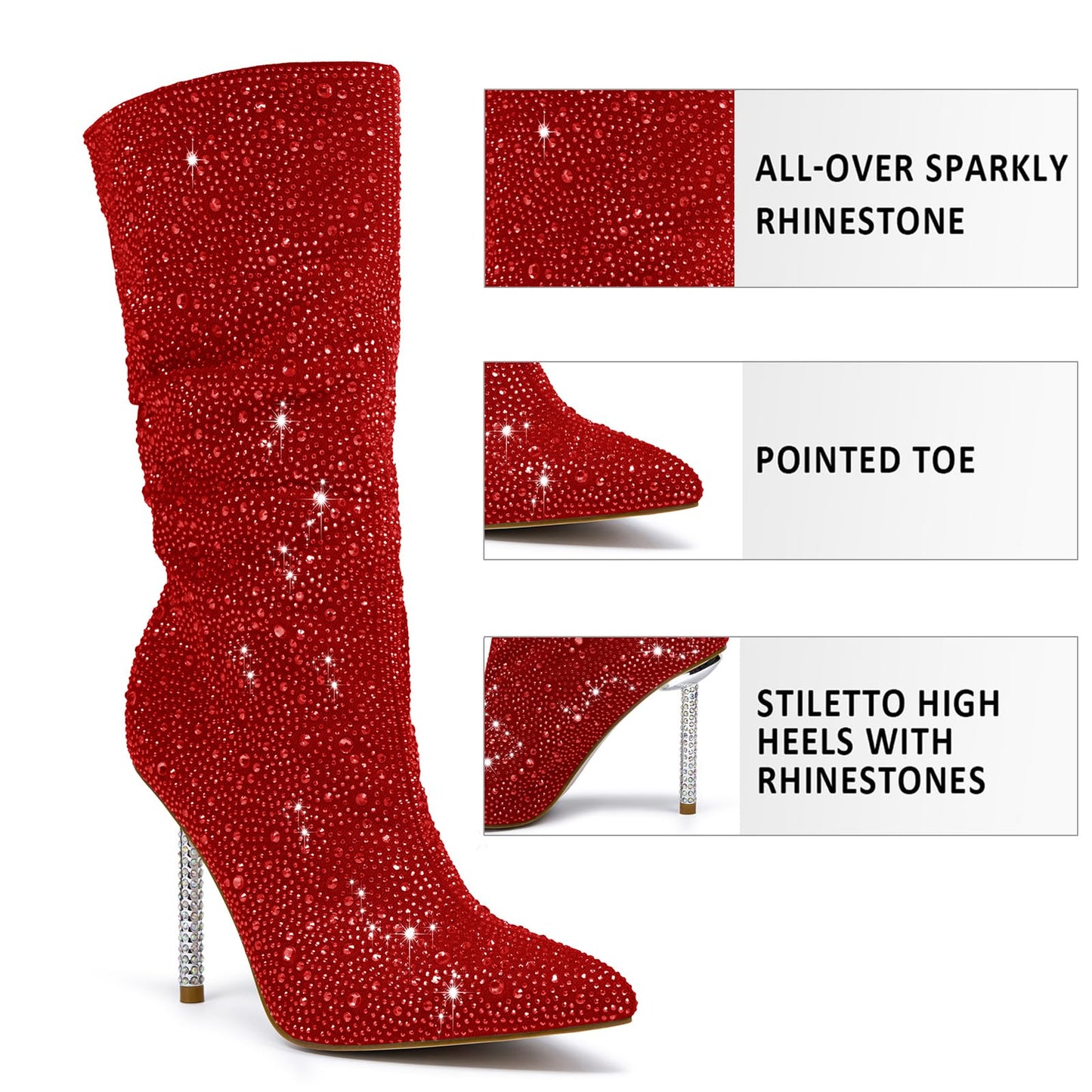 Women's Red Denim Mid Calf Boots sparkly Rhinestone Stiletto Heel Boots Western Wide Calf Short Cowboy Boots Sexy Pointed Toe dress Party Boots