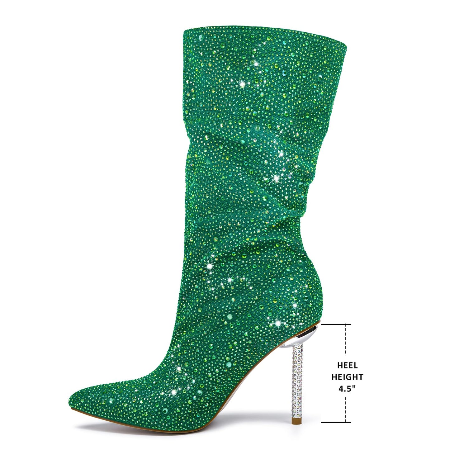 driceic Women's Green Mid Calf Boots sparkly Rhinestone Stiletto Heel Boots Western Wide Calf Short Cowboy Boots Sexy Pointed Toe dress Party Boots