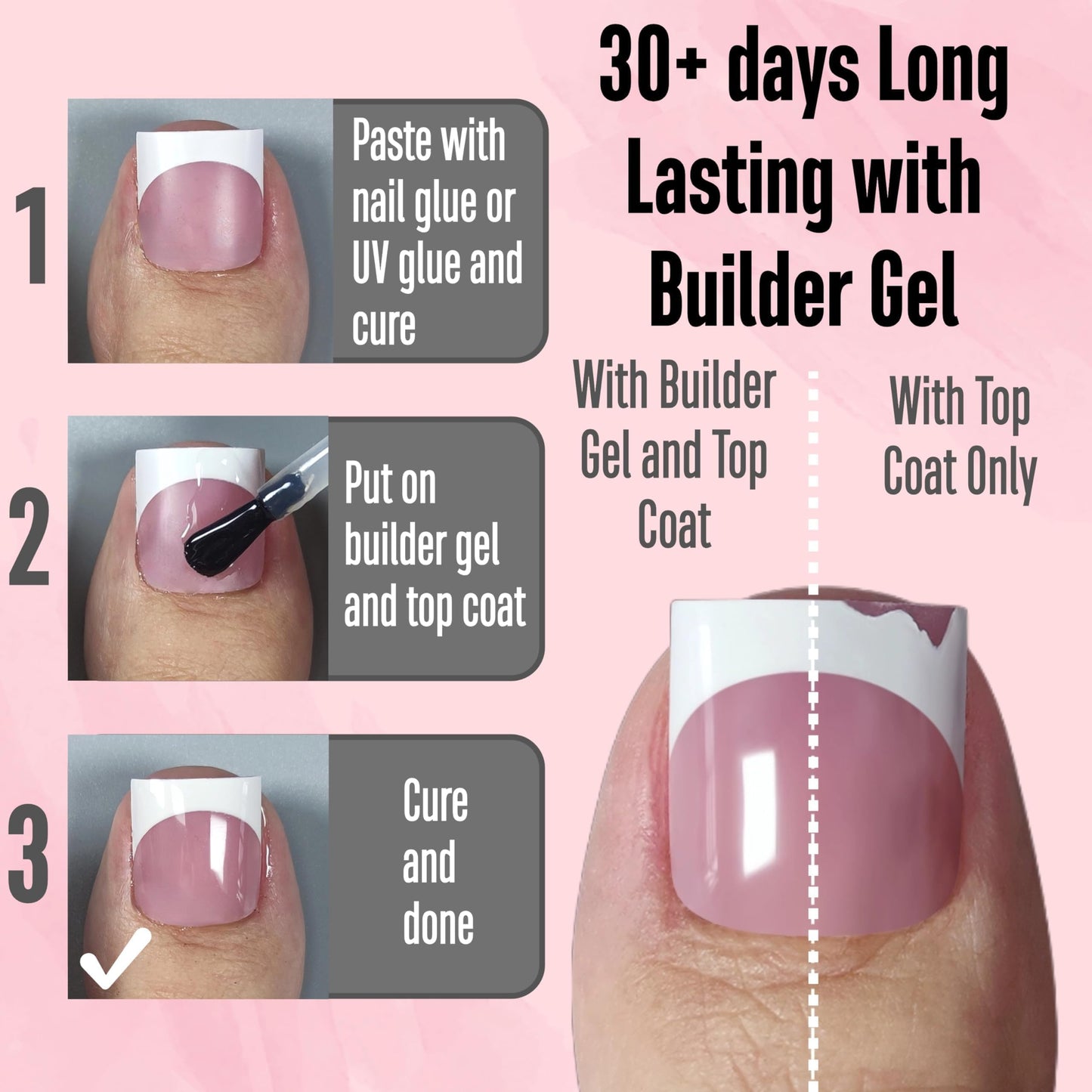 NOVO OVO French Tip Toe Nail Tips Press on, Sharp Square Pre-Designed Soft Gel False Toenail Extension, BERRY PINK Pre-applied Tip Primer & Base Coat, Full Cover Acrylic for DIY x 15 Sizes 240 pcs