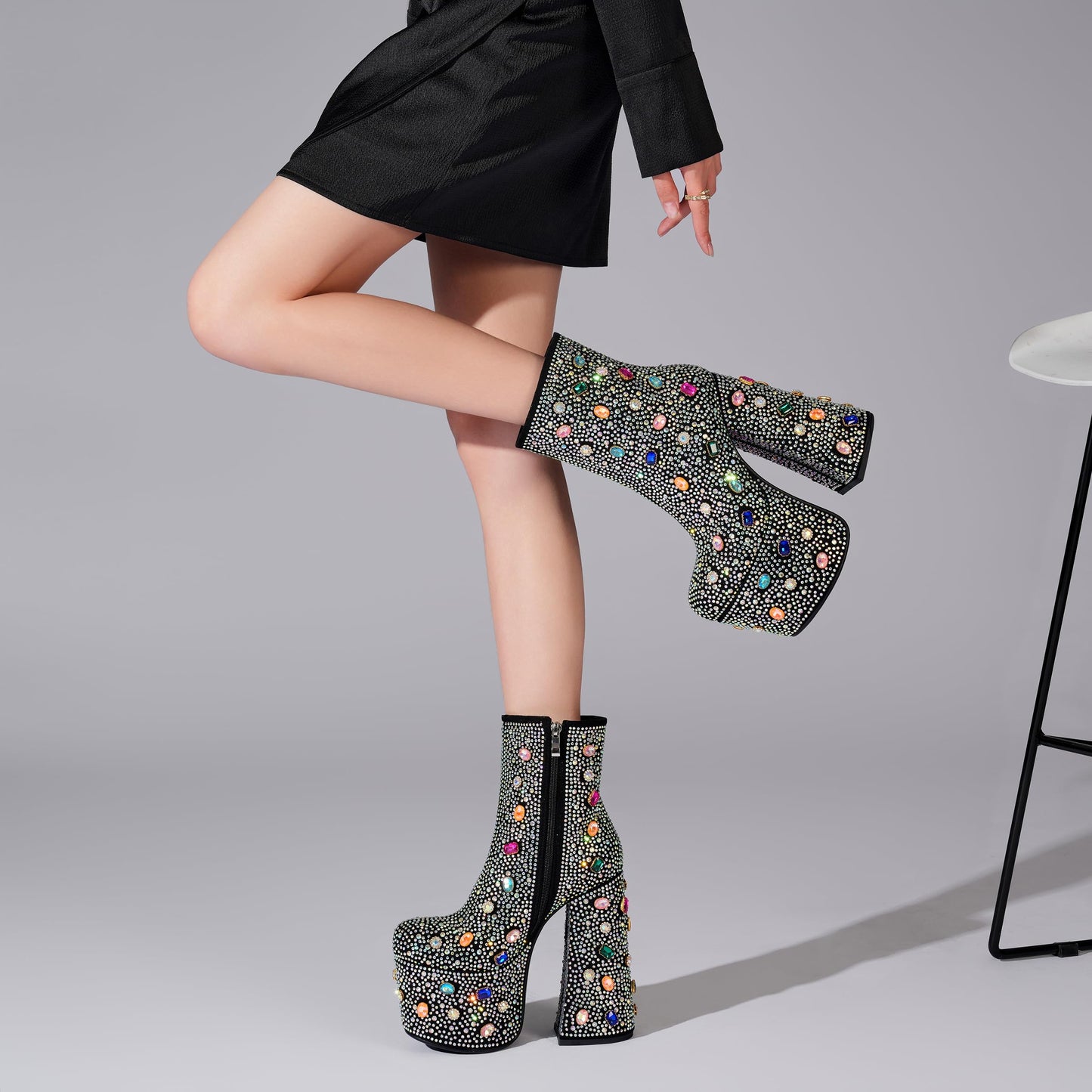 Black Tsrenlmln Platform Mid Calf Boots Rhinestone Boot