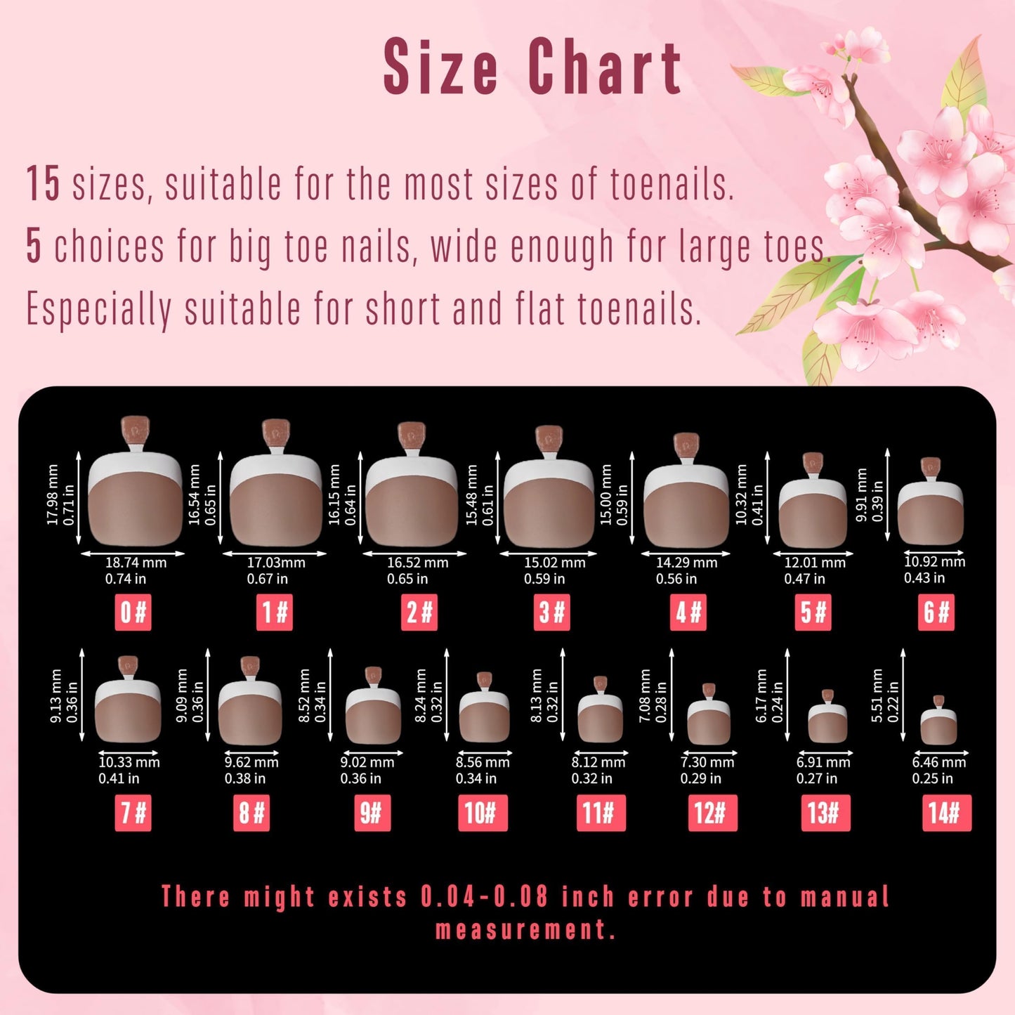 NOVO OVO Fake Toe Nail Tips Press on, French Tip Soft Gel Toenail Extension, BROWN PINK Square Round Pre-applied Tip Primer & Base Coat, Full Cover Matte False Nails for DIY x 15 Sizes 360Pcs