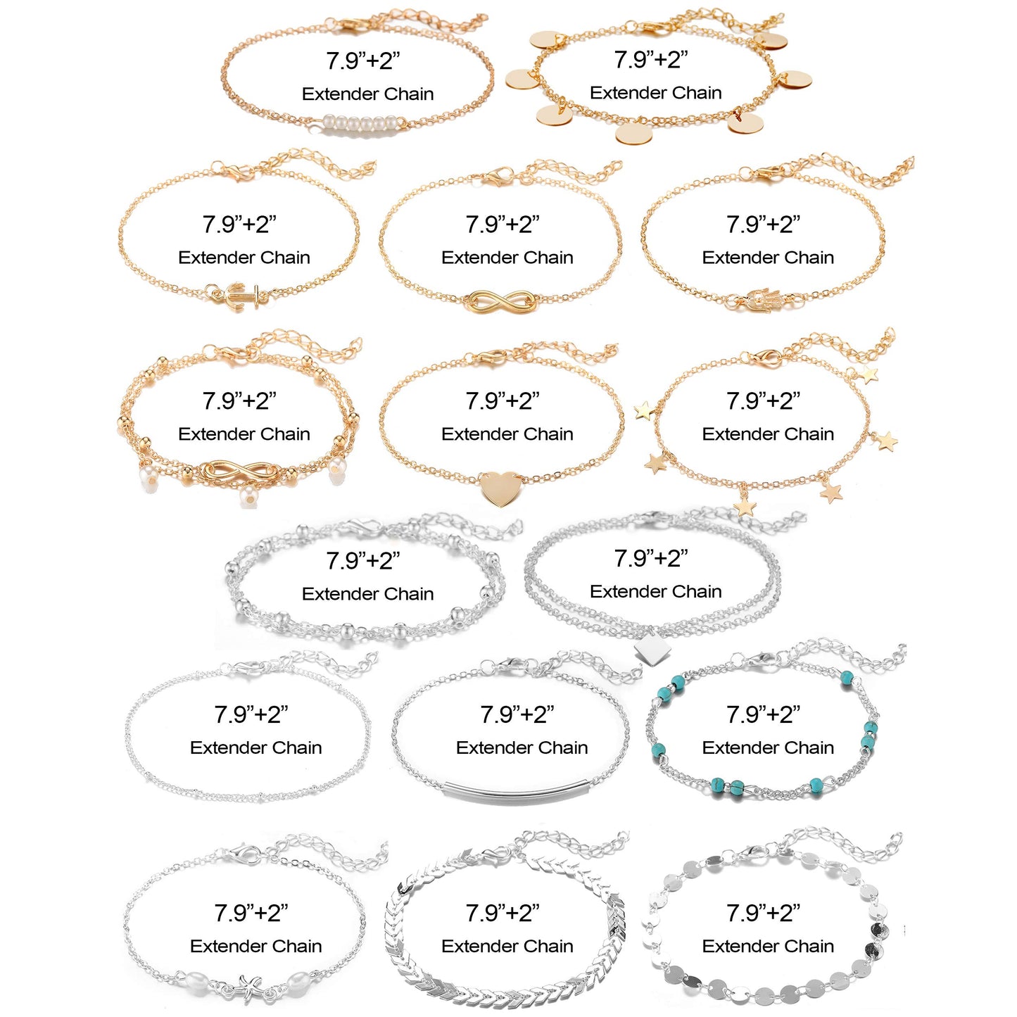 Softones 16Pcs Ankle Bracelets for Women Gold Silver Two Style Chain Beach Anklet Bracelet Jewelry Anklet Set,Adjustable Size