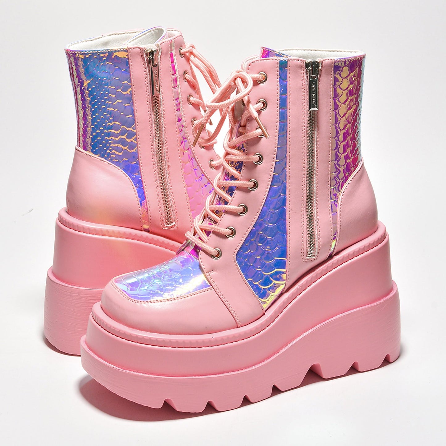 Cape Robbin Holographic Platform Ankle Boots for Women Chunky Block Heels Pointed Toe PU Leather with Buckle Strap Retro Futuristic Style (Radio) - Pink Size 9