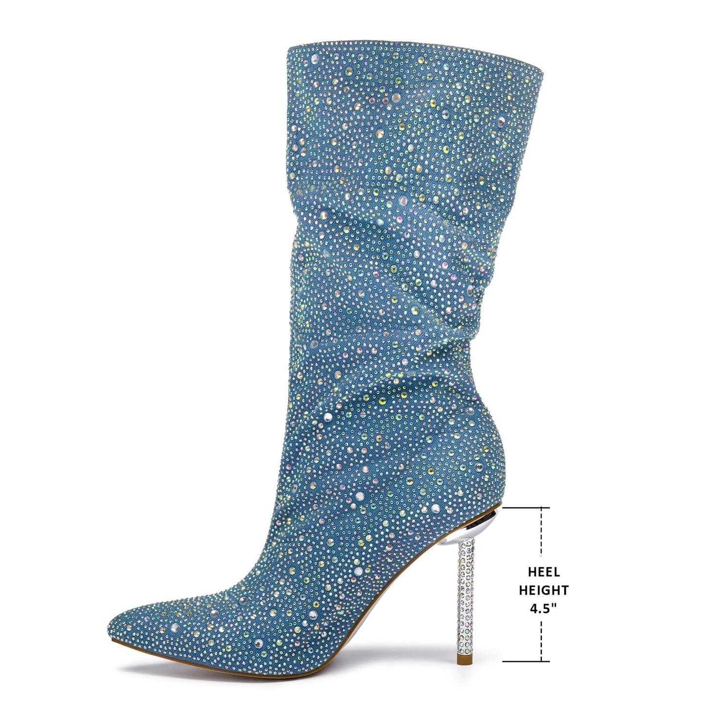 Women's Blue Denim Mid Calf Boots sparkly Rhinestone Stiletto Heel Boots Western Wide Calf Short Cowboy Boots Sexy Pointed Toe dress Party Boots