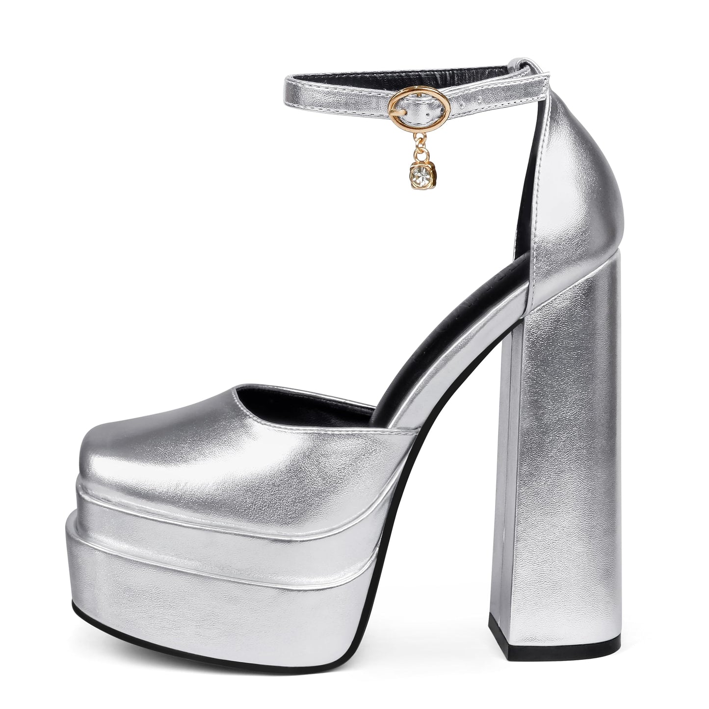 MERUMOTE Womens Sexy High Heels Platforms Pumps Square Toe Chunky Block Heels Rhinestone Party Shoes Silver PU US8