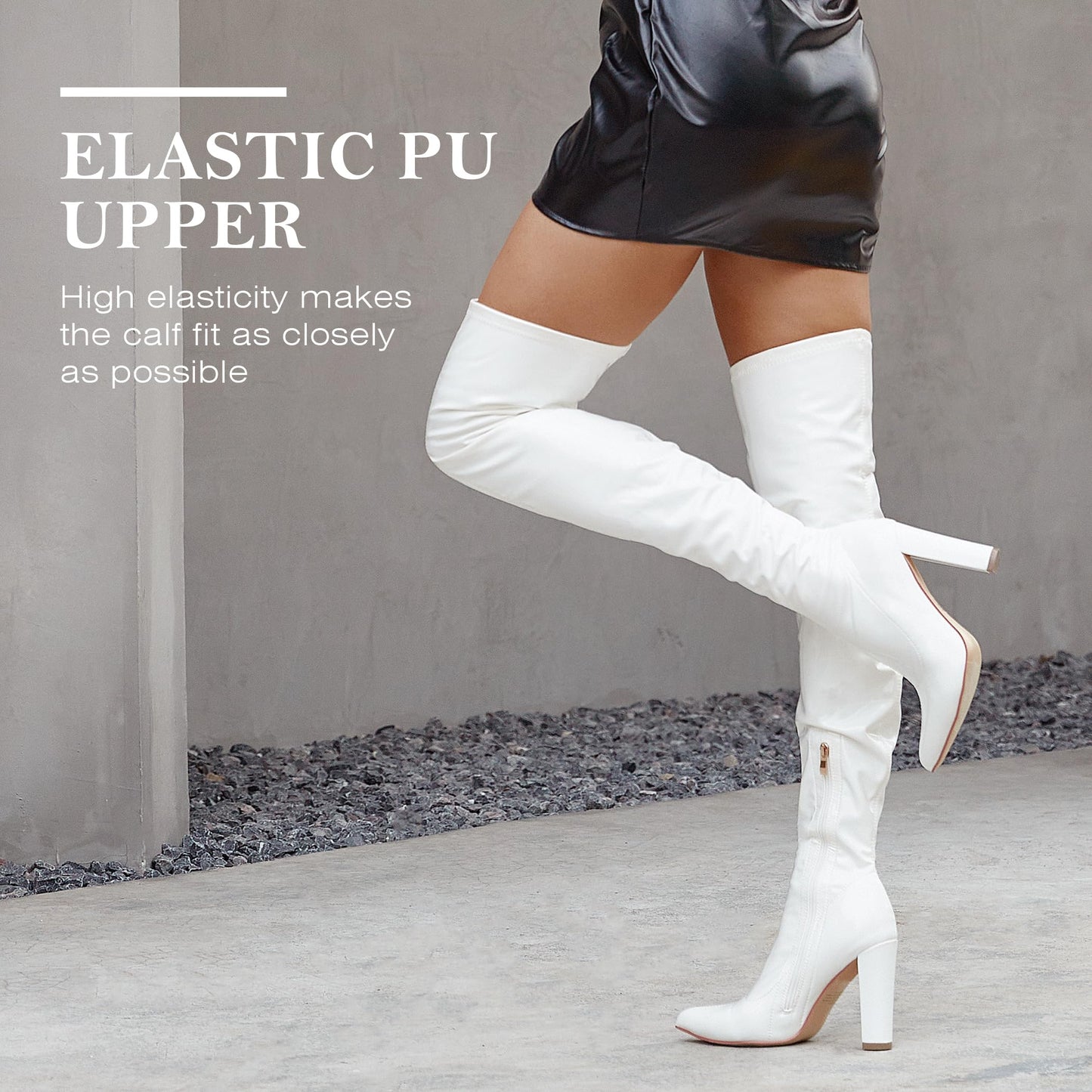 WSKEISP Women's Over The Knee White Boots Thigh High Leather GOGO Boots Knee High 70s Cosplay Casual Fall Winter