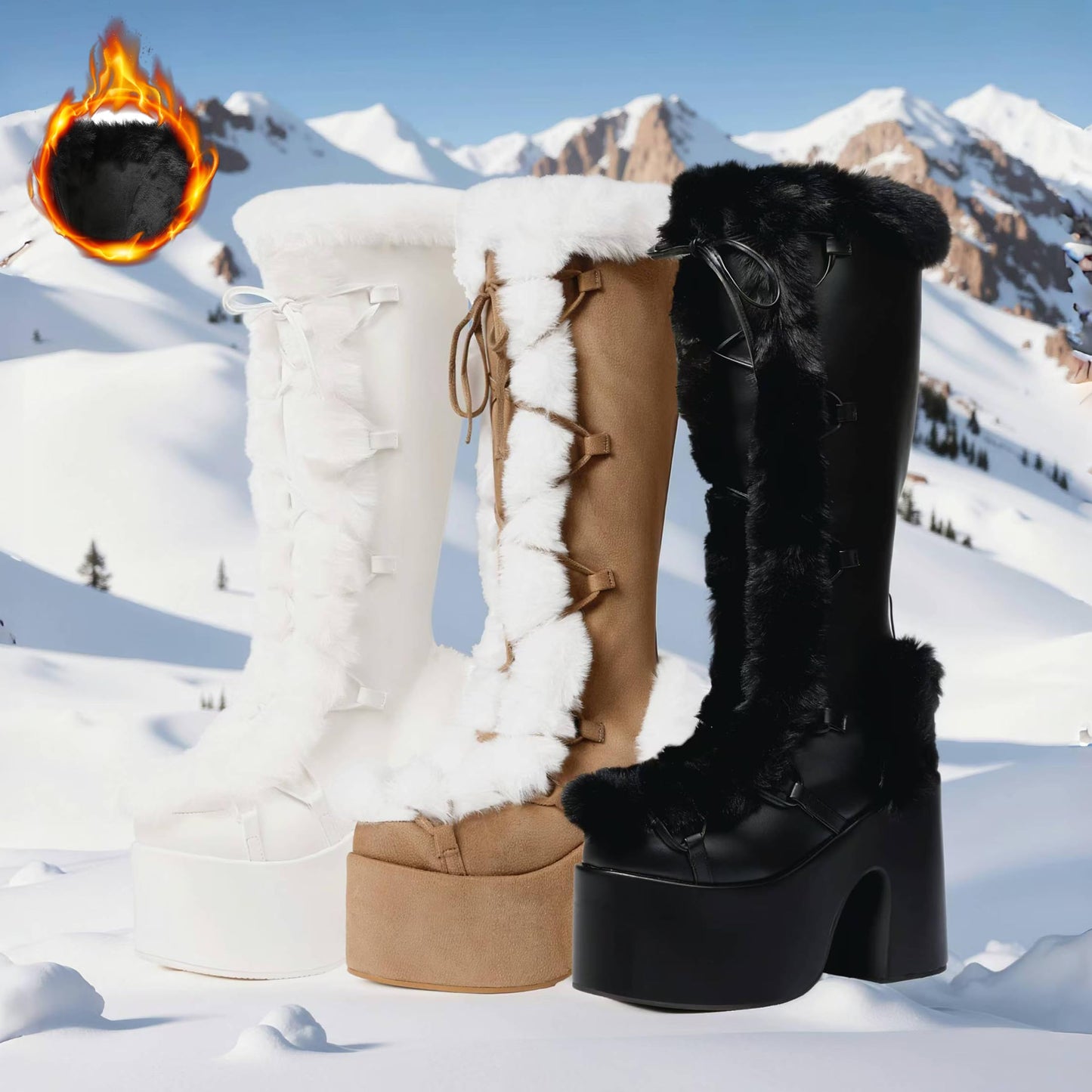 Accloris Beige Platform Knee High Boots For Womens Warm Faux Fur Lace Up Side Zipper Chunky Heel Punk Goth Winter Snow Mid Calf Boots Size8.5
