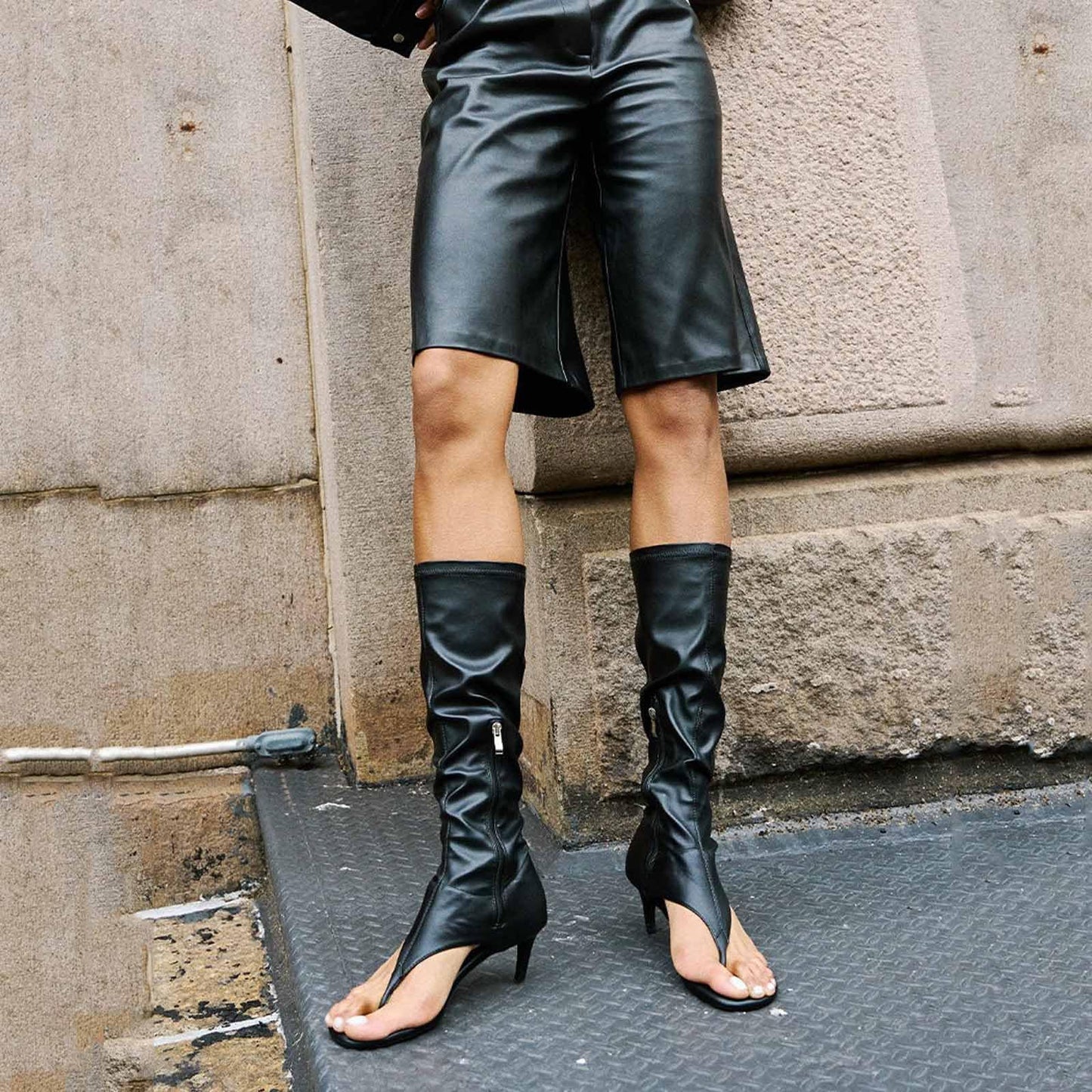 ZJGZF Black Thong Sandals for Women Kitten Heel Knee High Boots Open Toe Flip Flop High Heel Boots Gogo Boot