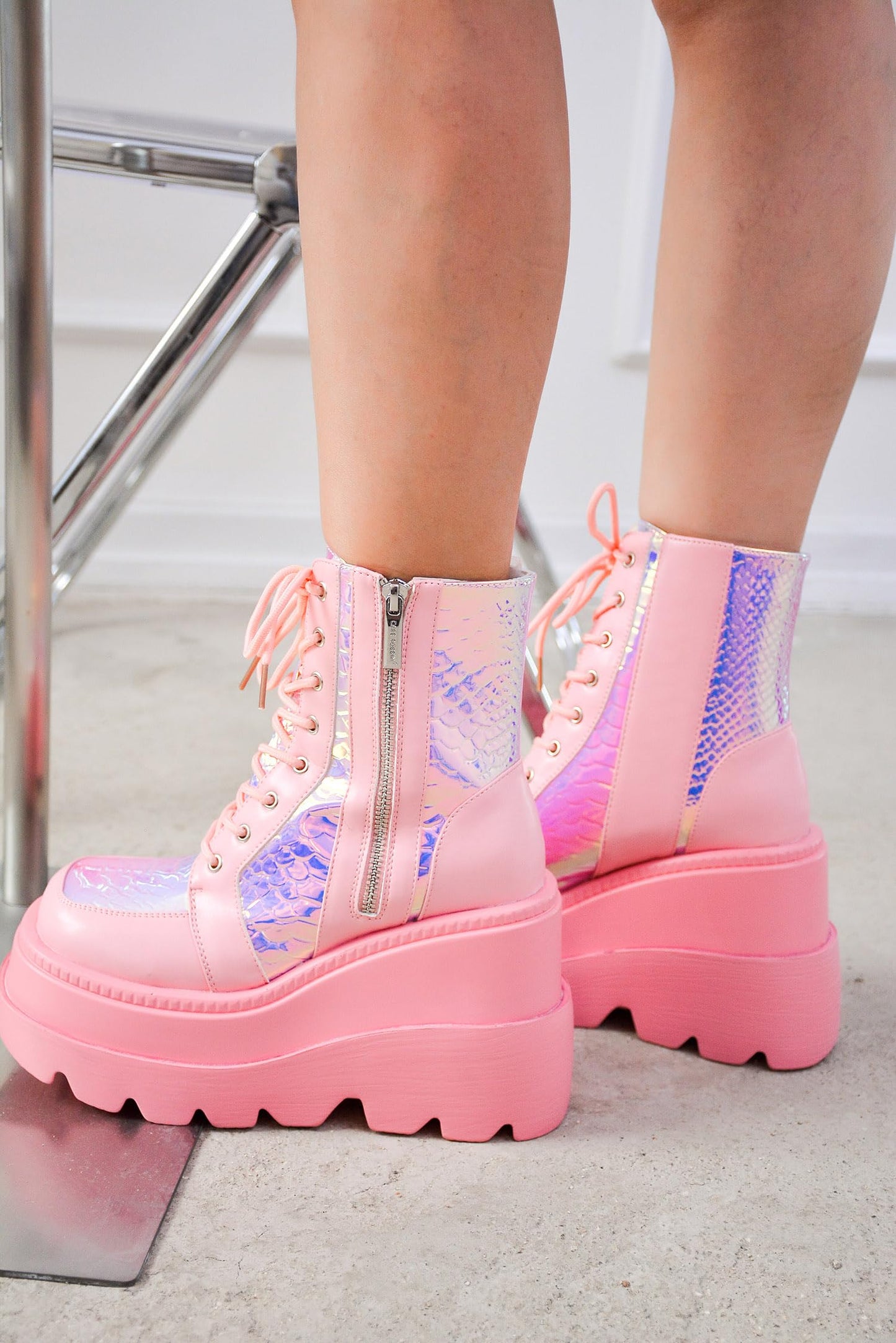 Cape Robbin Holographic Platform Ankle Boots for Women Chunky Block Heels Pointed Toe PU Leather with Buckle Strap Retro Futuristic Style (Radio) - Pink Size 9