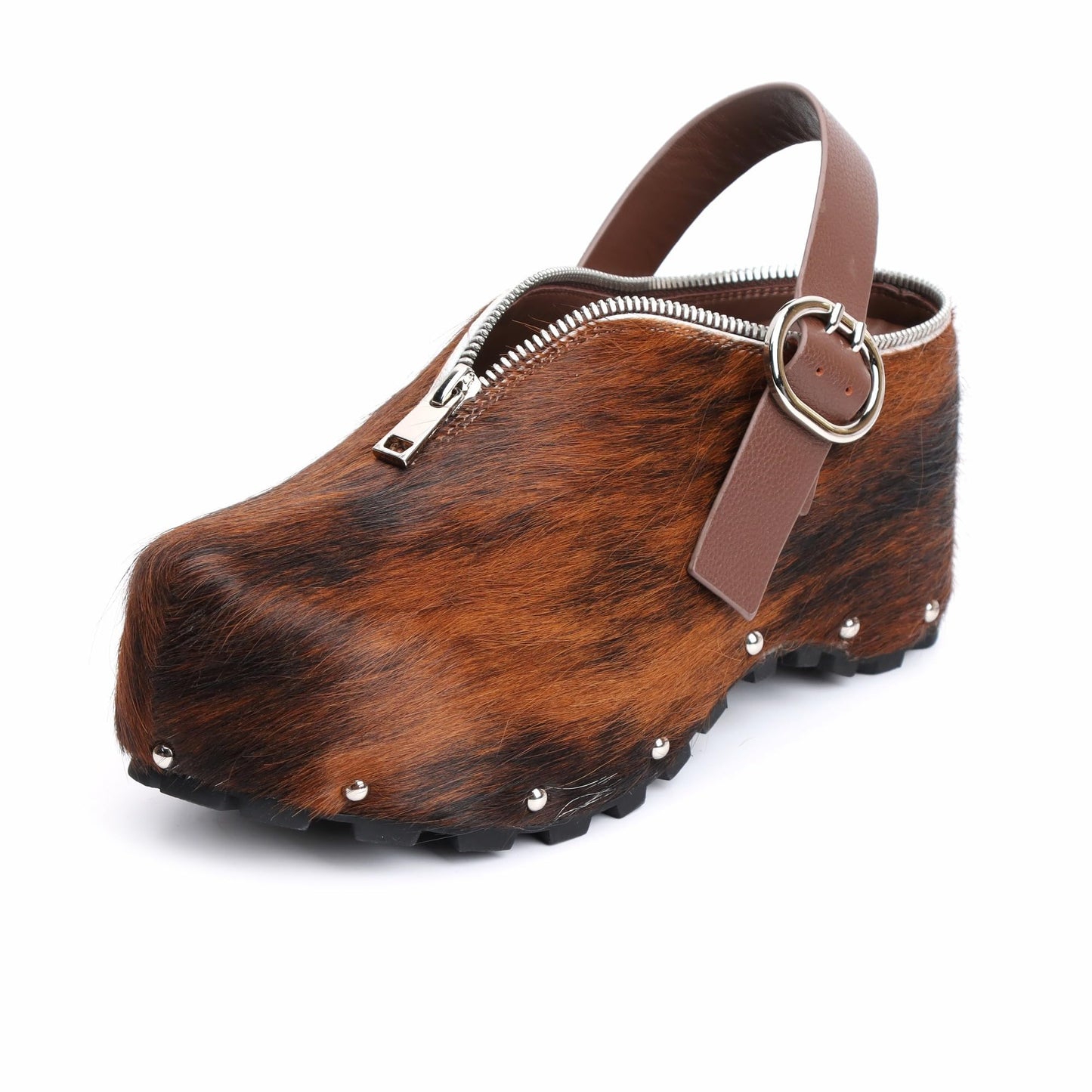 XOBZJH Women’s Natural Cow Print Fur Platform Clogs with Decorative Zipper & Adjustable Buckle Strap – Western Slip-On Punk Rivet Mules with Arch Support, Chunky Retro Rustic Style