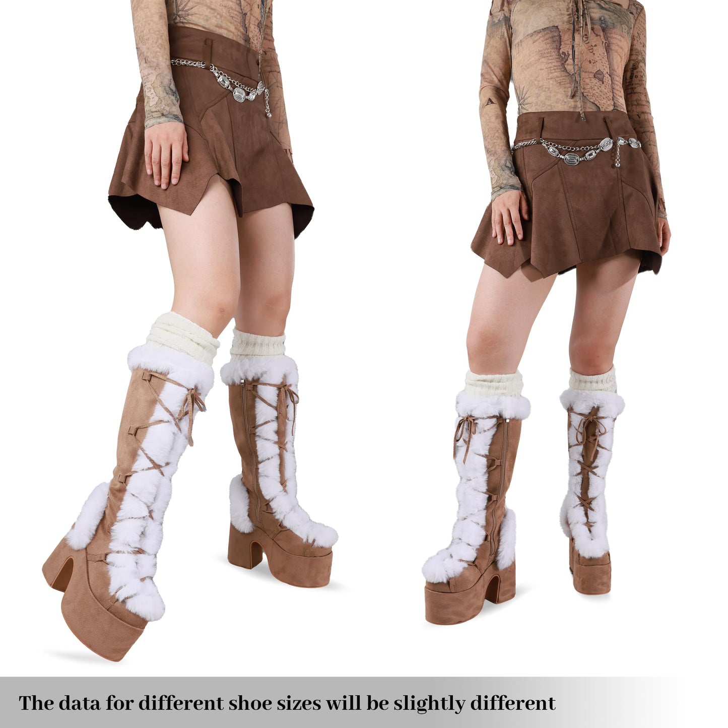Accloris Beige Platform Knee High Boots For Womens Warm Faux Fur Lace Up Side Zipper Chunky Heel Punk Goth Winter Snow Mid Calf Boots Size8.5