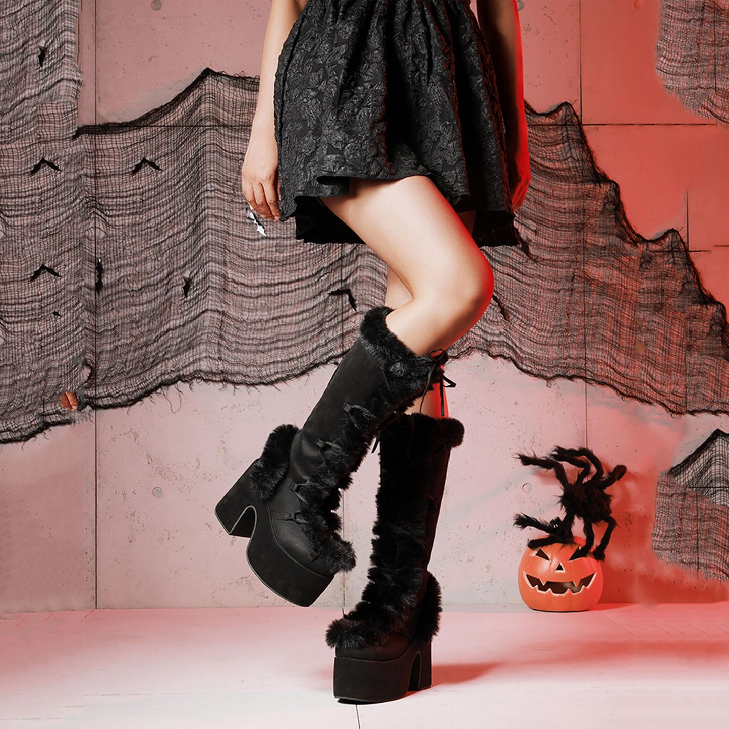 Accloris Black Platform Knee High Boots For Womens Warm Faux Fur Lace Up Side Zipper Chunky Heel Punk Goth Winter Snow Mid Calf Boots Size8.5