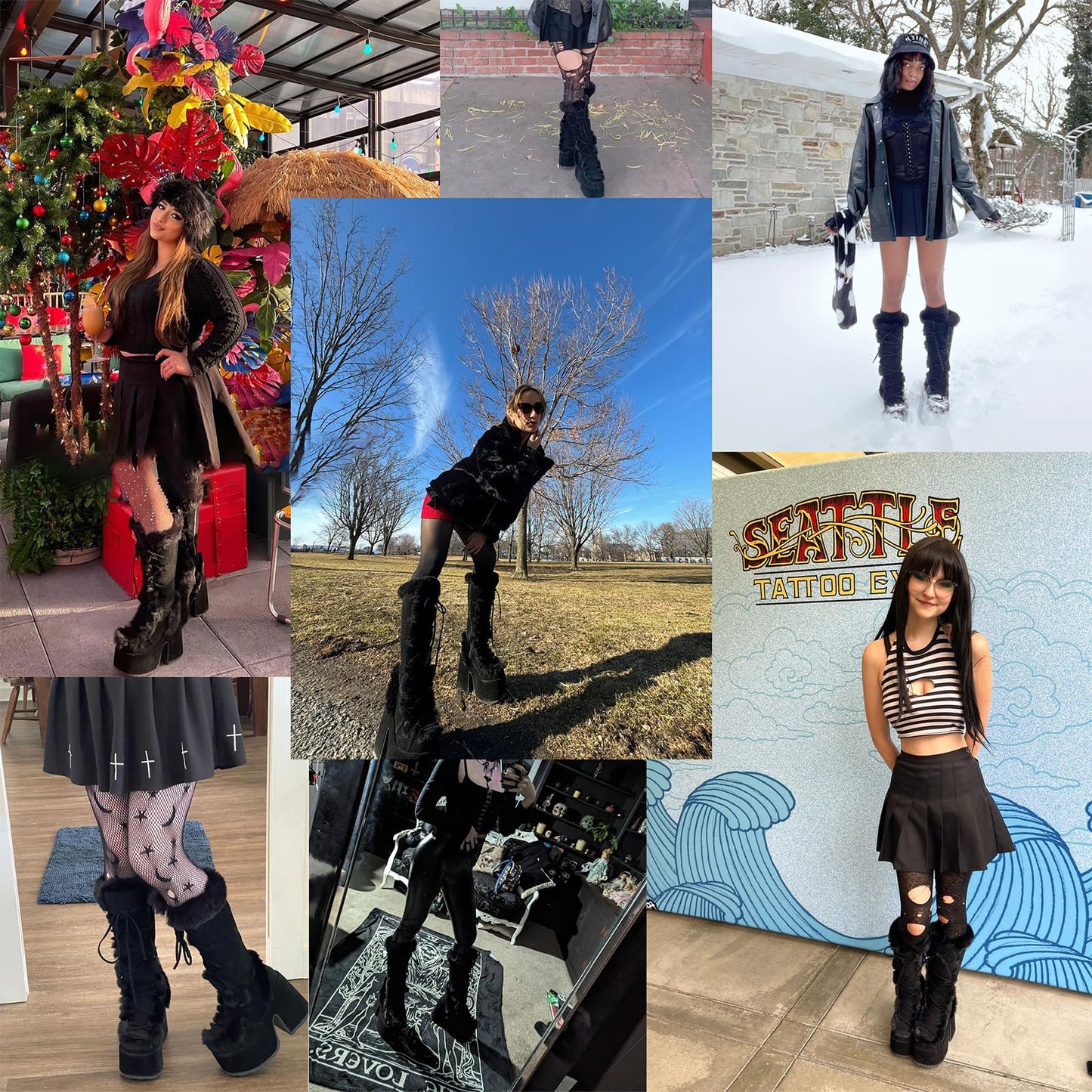 Accloris Black Platform Knee High Boots For Womens Warm Faux Fur Lace Up Side Zipper Chunky Heel Punk Goth Winter Snow Mid Calf Boots,blacksuede,size40